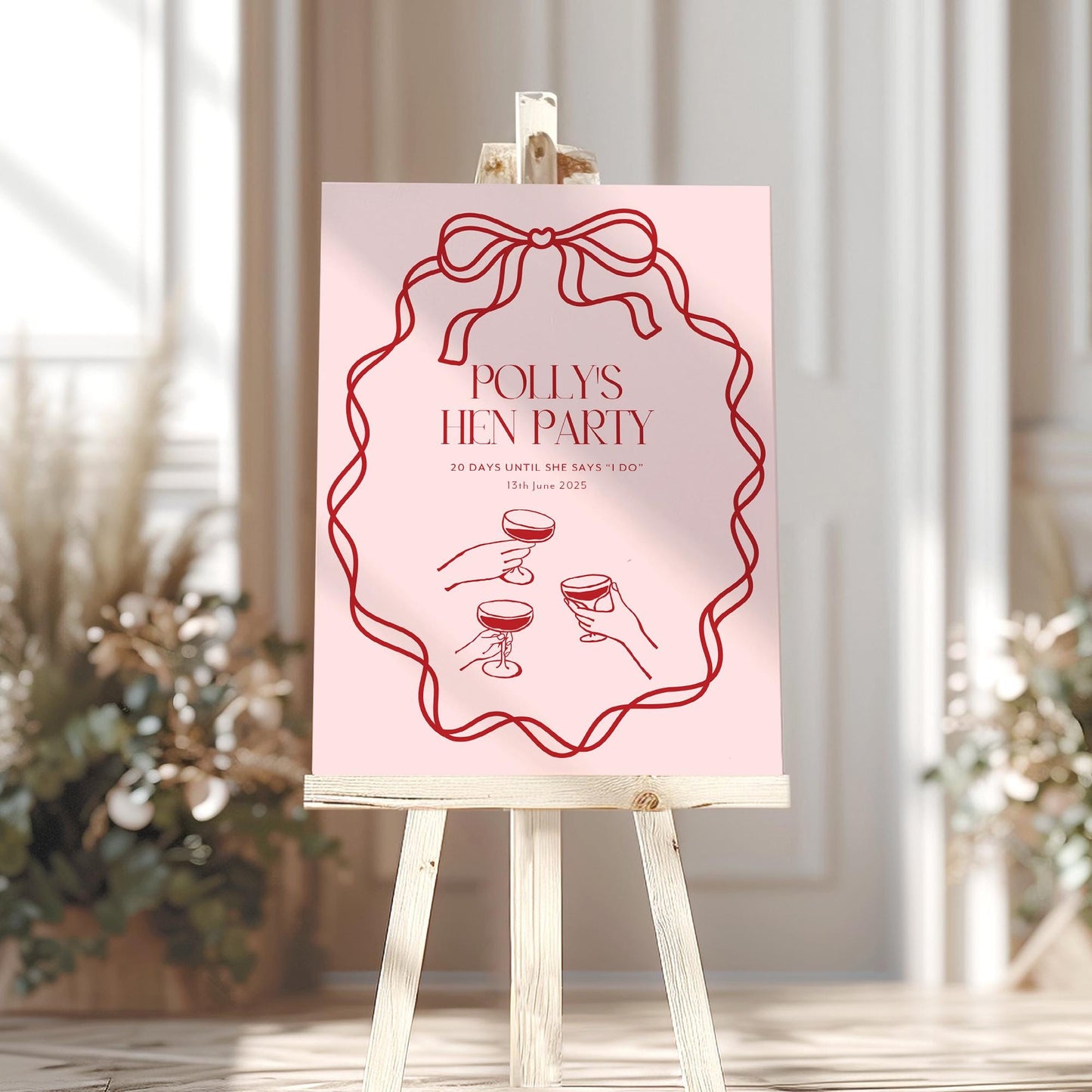 Pink Bow Hen Party Sign, Pink and Red Hen Party Welcome Sign, Hen Party Decorations, Hen Cocktail Party, Printed Foamboard Sign