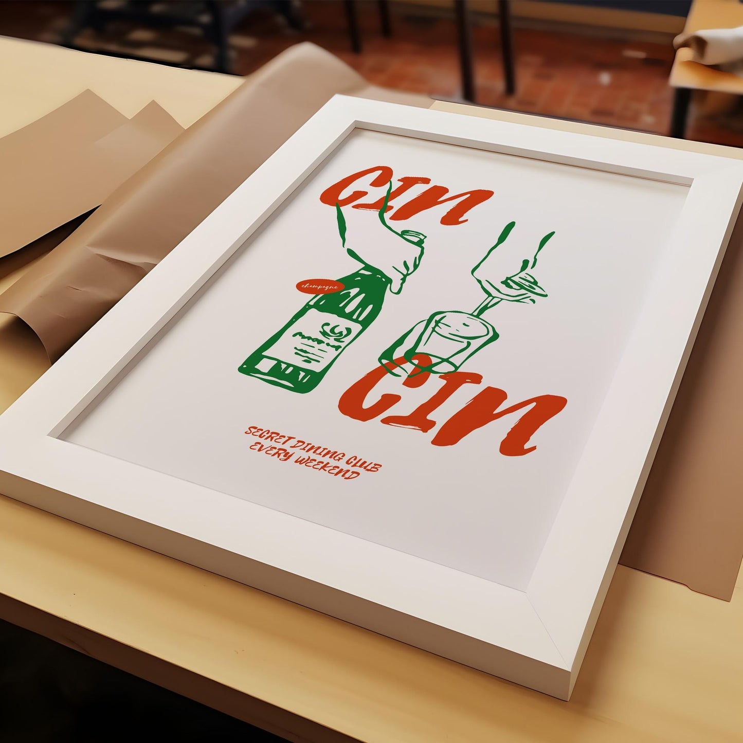 Retro modern wine wall art in bold green and red colors with Cin Cin text