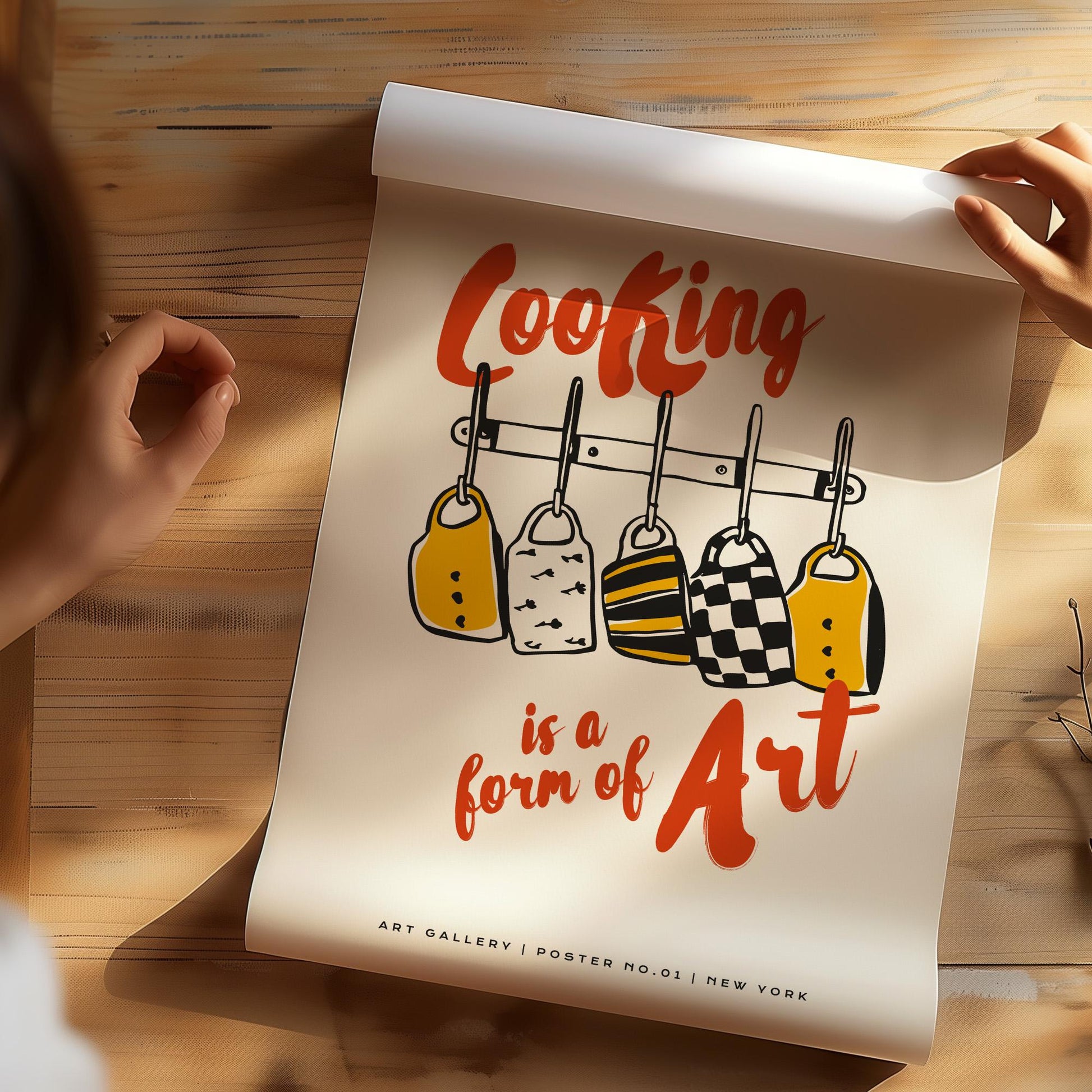 Culinary themed wall art print with cooking utensils hanging rack illustration on fine art paper