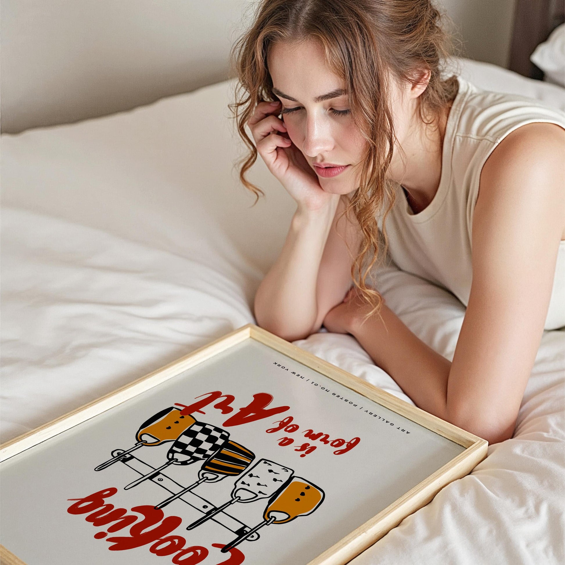 Professional culinary art print showing cooking quote with hand-drawn kitchen utensils illustration