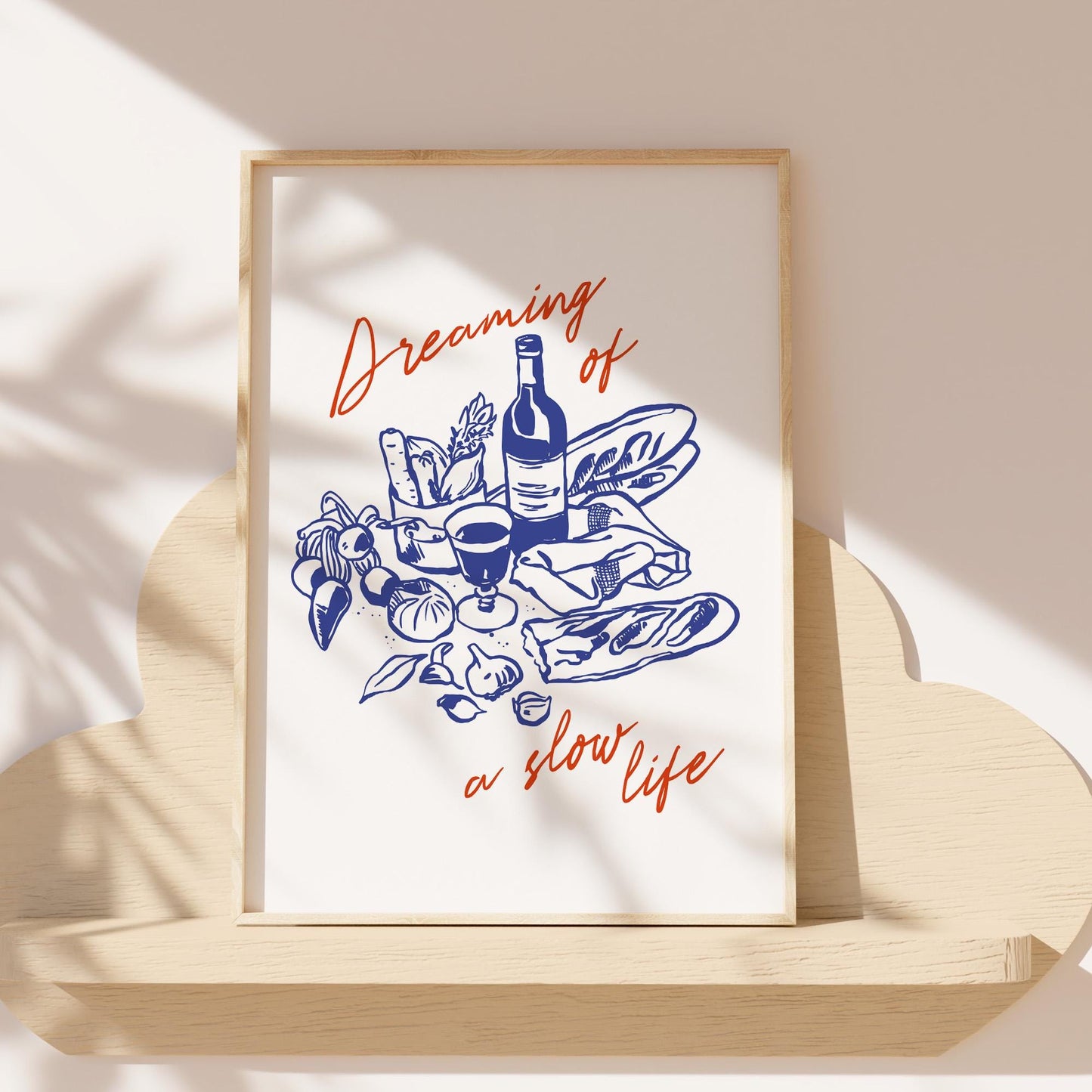 Dreaming of a Slow Life kitchen wall art print with food illustration in navy blue and terracotta colors