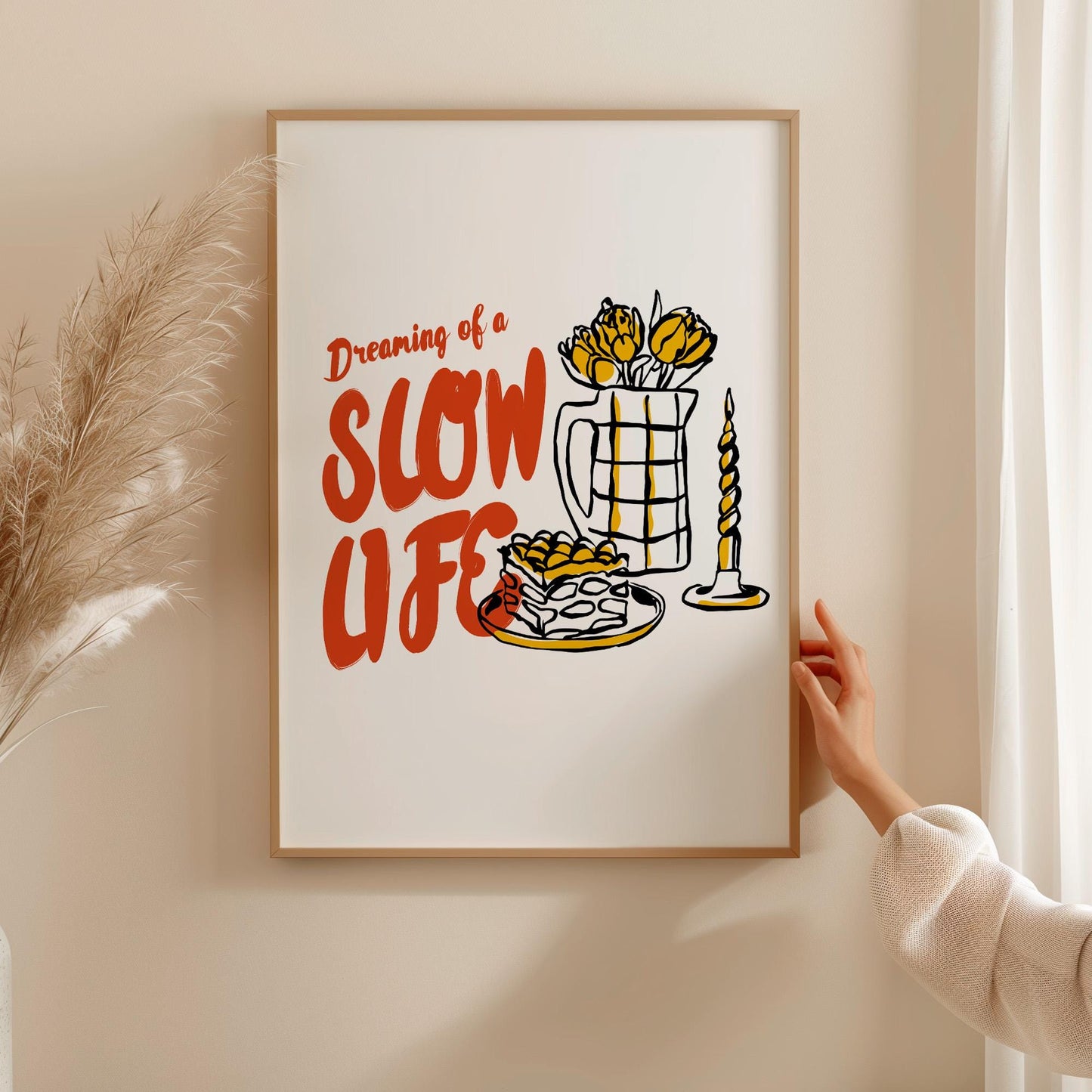 Scandinavian style wall print with dreaming of slow life message and cozy home elements