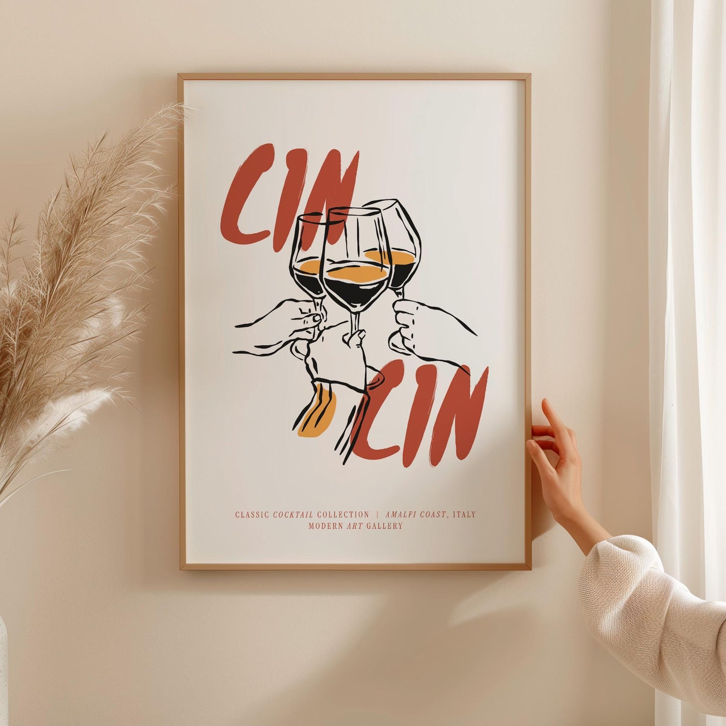 Professional wine art print showing Italian cin cin toast with hand-drawn wine glass illustration