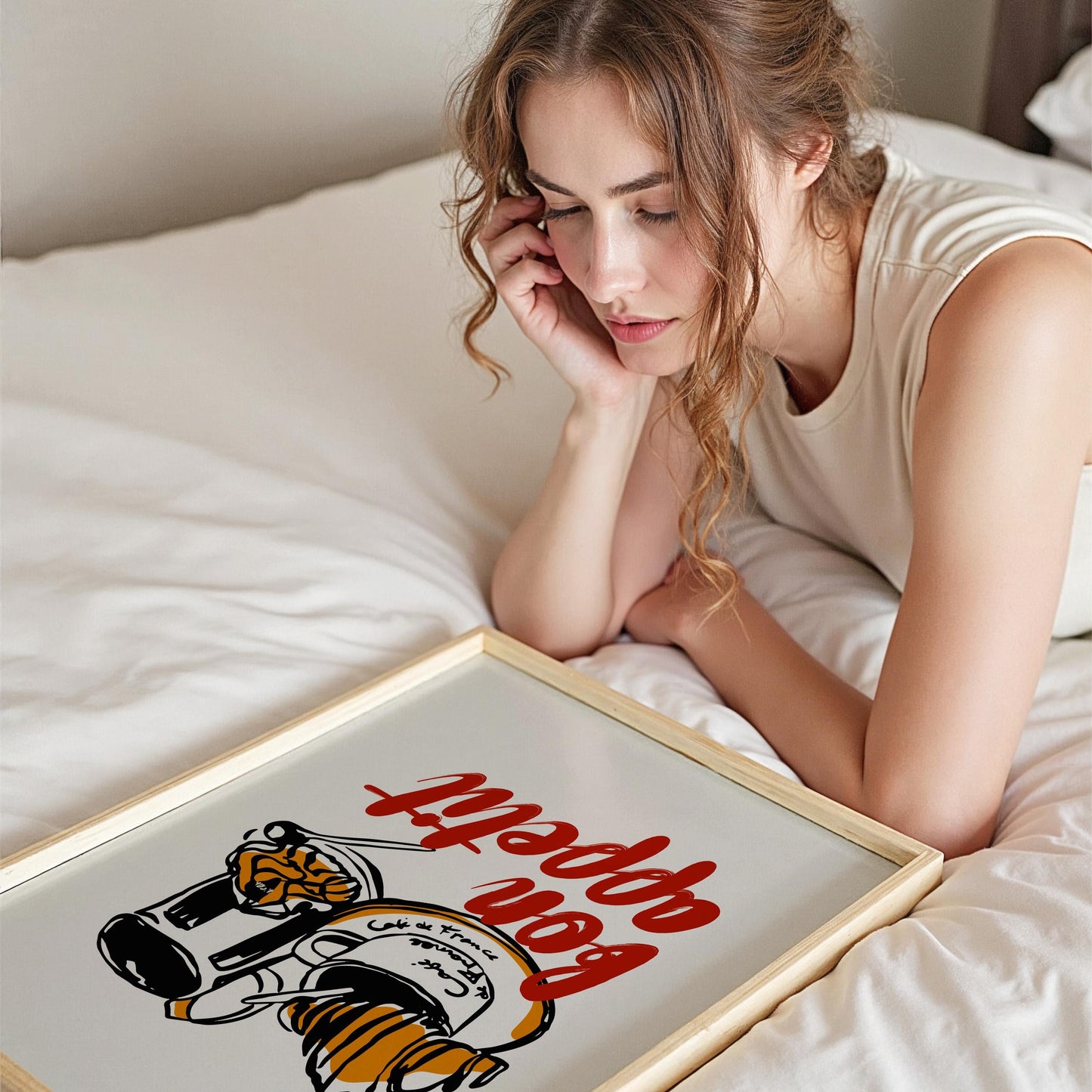 Elegant coffee and croissant wall decor with Bon Appetit text in vibrant red typography