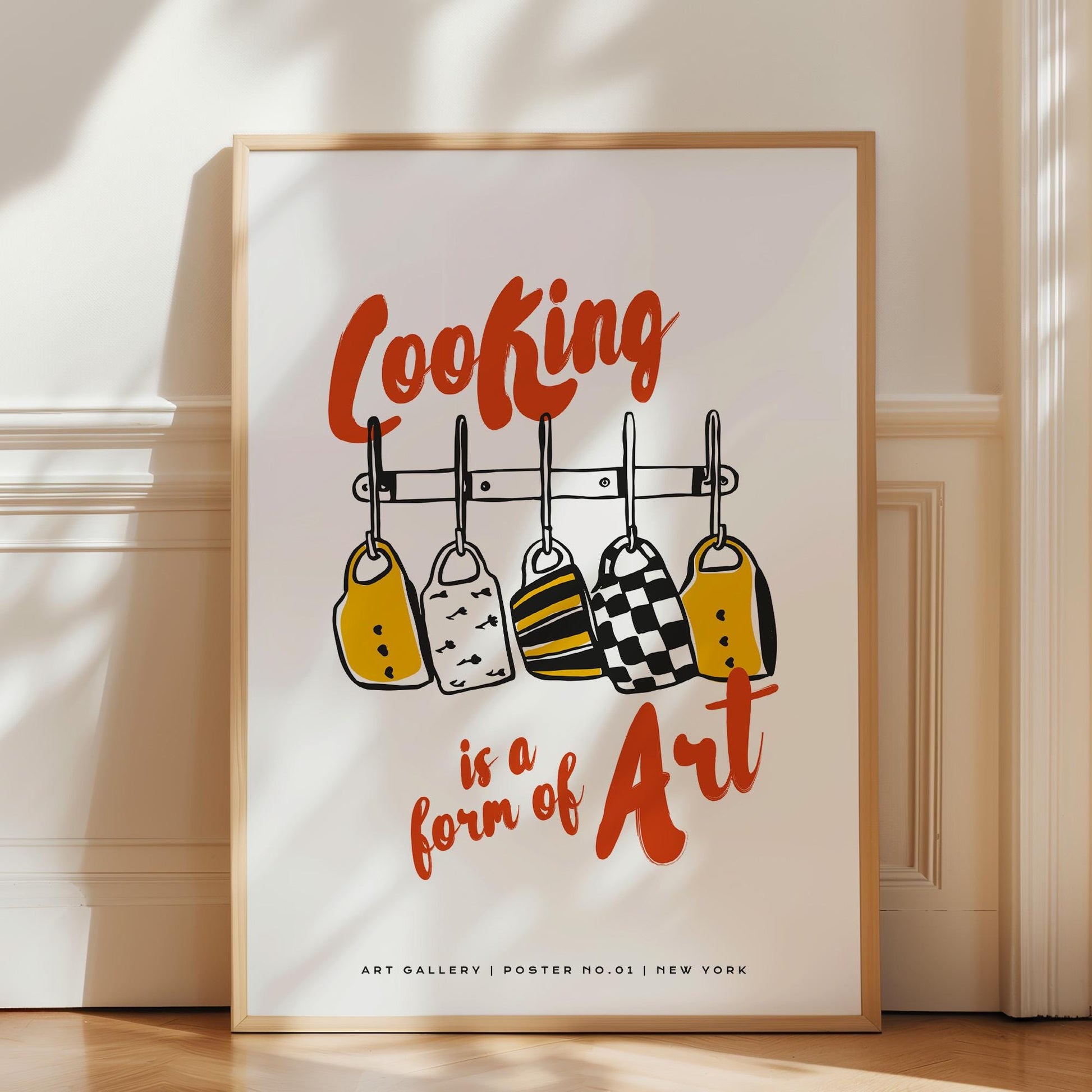 Cooking art poster with inspirational text and colorful kitchen utensils hanging illustration