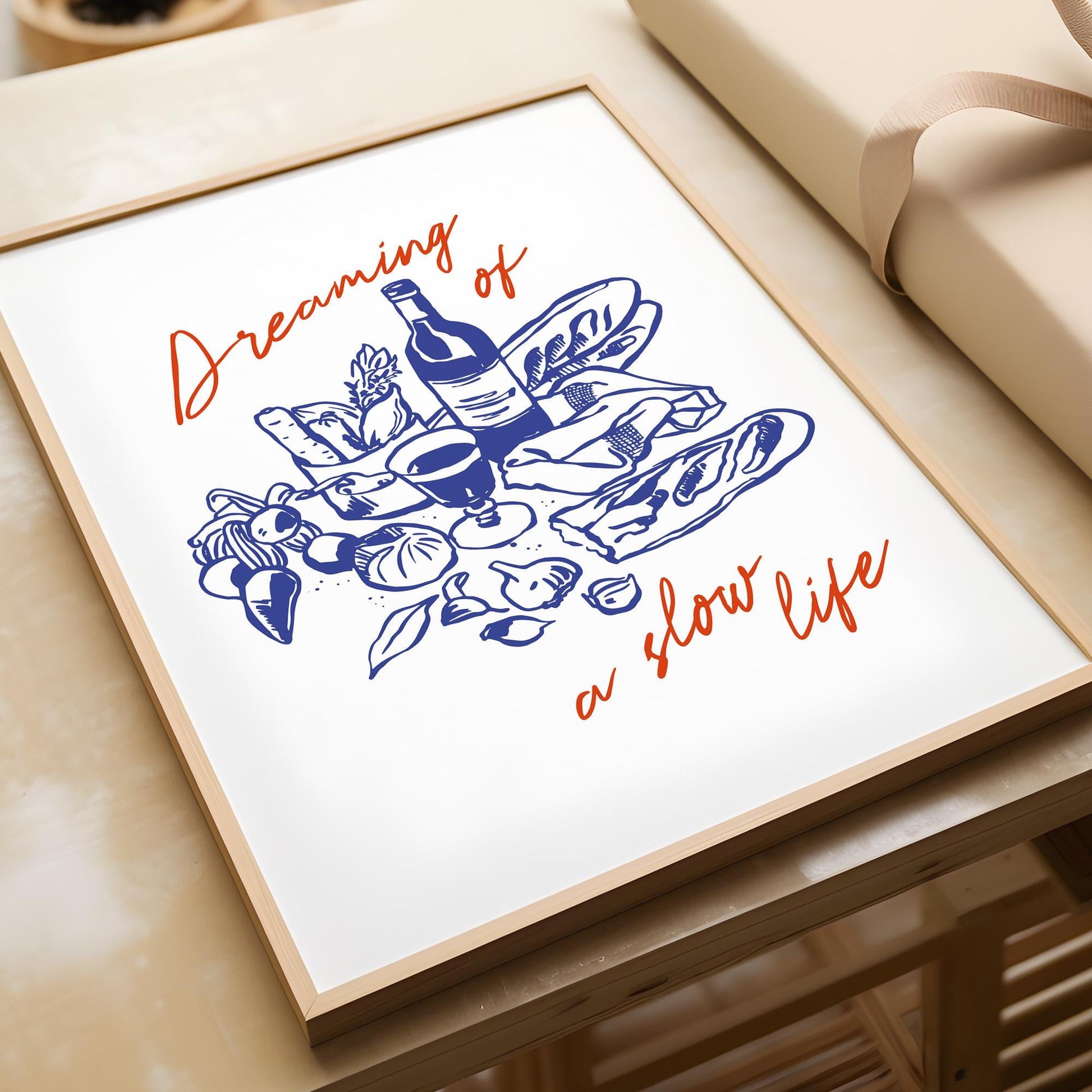 Slow living kitchen decor poster featuring bread wine vegetables illustration with hand lettered typography