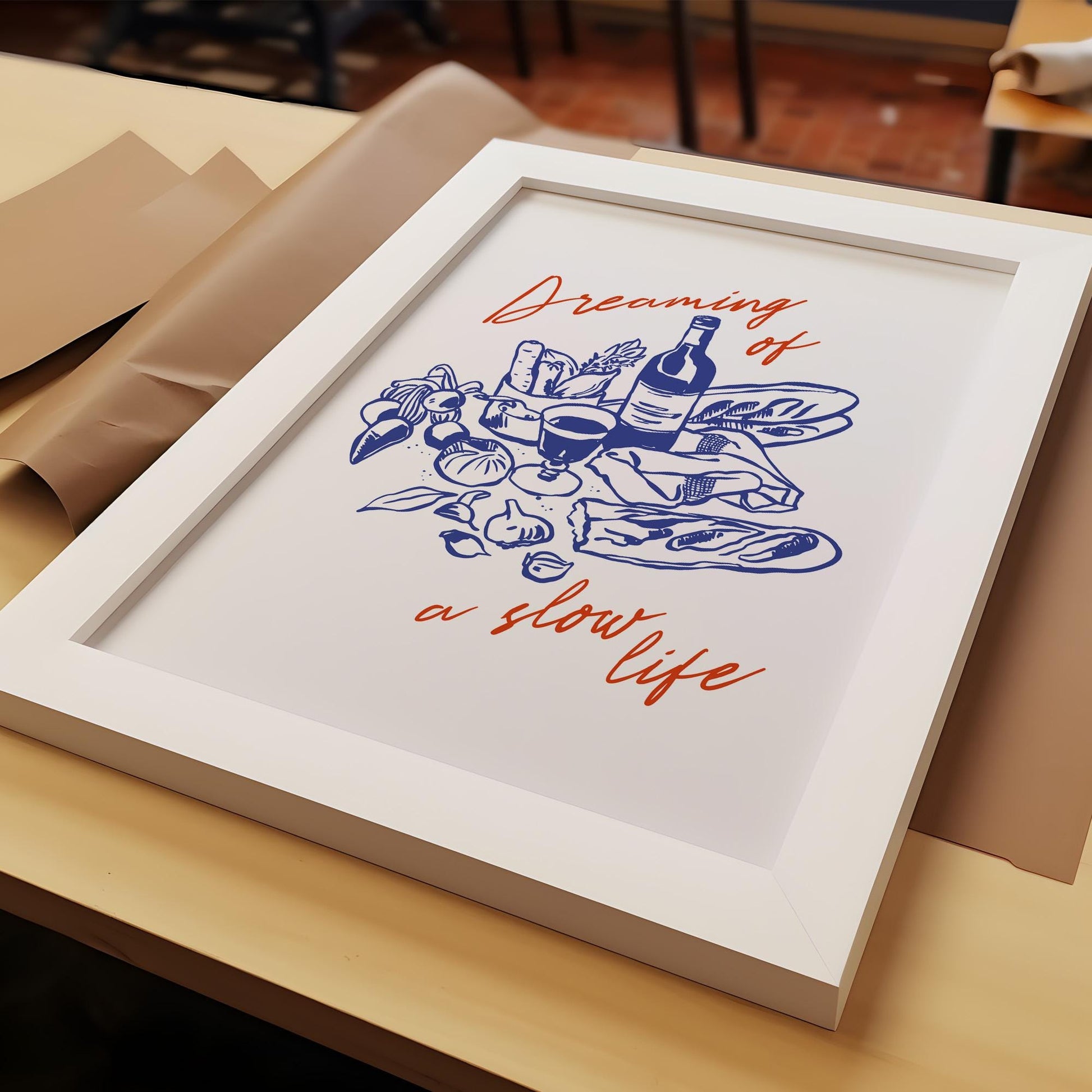 Kitchen decor poster showing slow living quote with illustrated bread wine and vegetables in warm colors