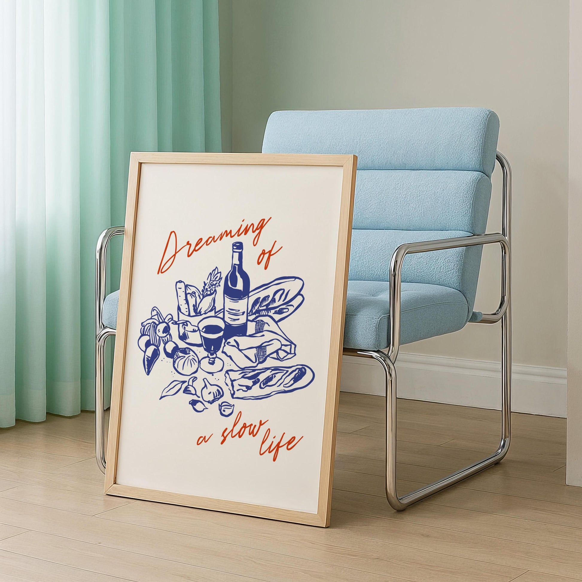 Kitchen themed wall decor print with terracotta lettering and navy blue food illustration matte coating