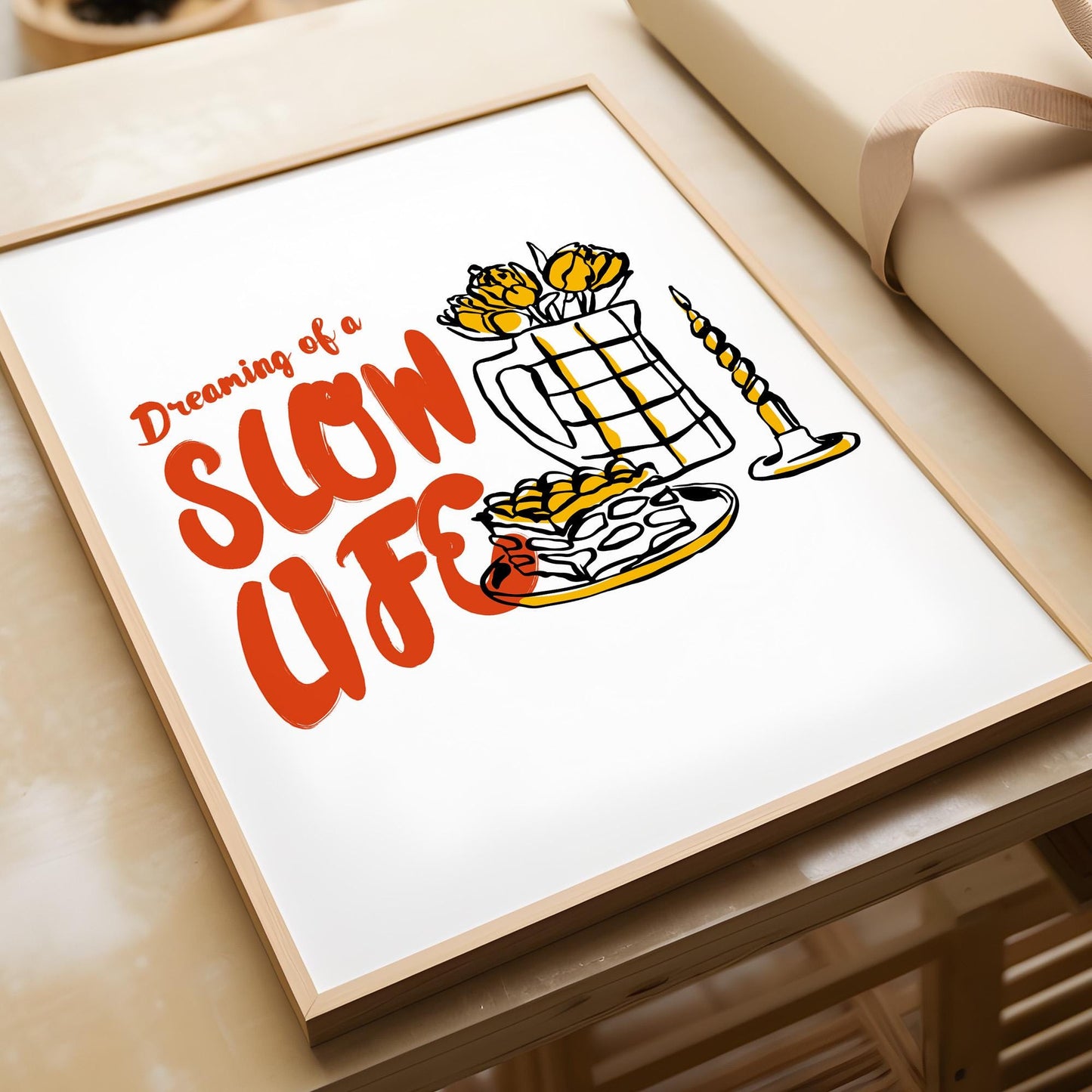 Hygge inspired poster featuring kitchen elements and slow living message for home decor