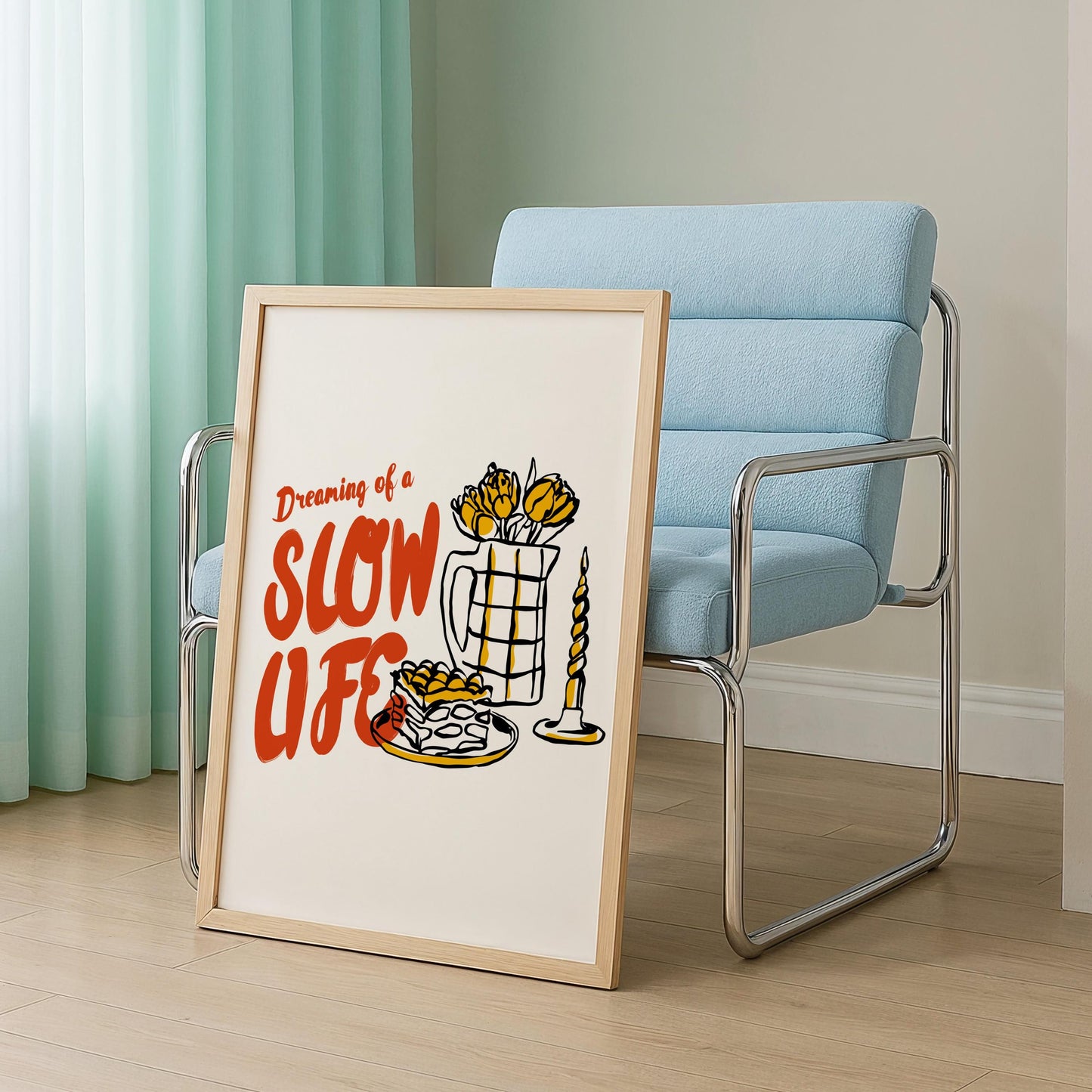 Warm colored poster print celebrating slow living lifestyle with charming kitchen motifs