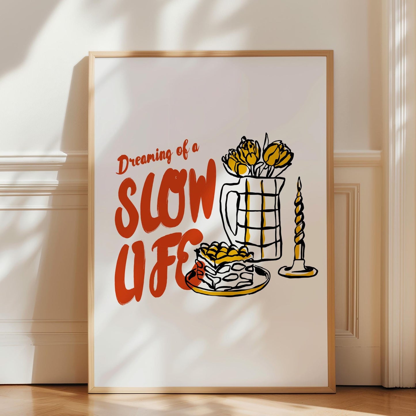 Printable slow living poster with inspirational text and inviting kitchen scene artwork