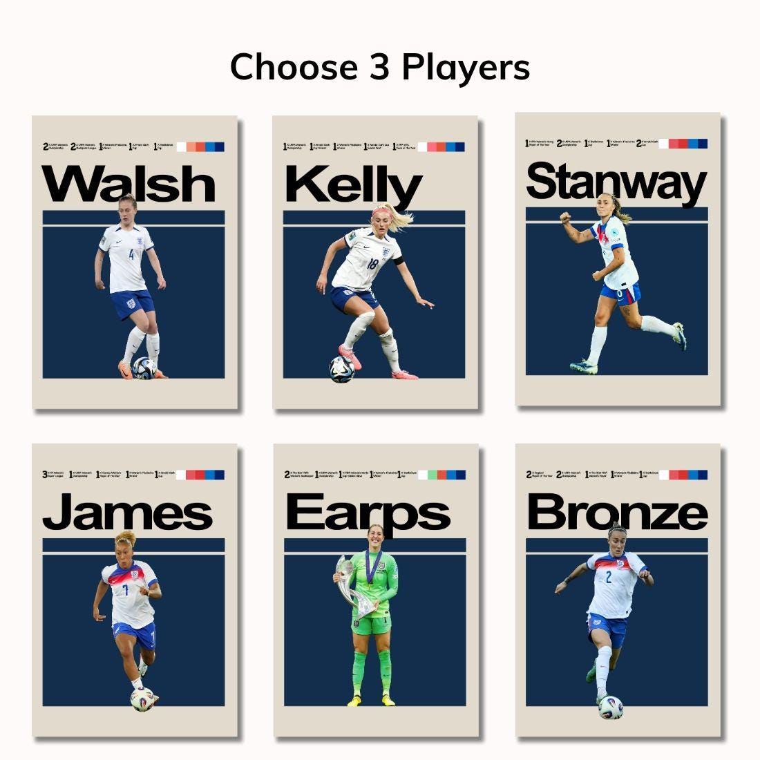 Set of 3 Women’s England Posters – Walsh, Kelly, Bronze – Lionesses Wall Art Gift for Girls, Teen Bedroom Decor, Football Prints (A4/A3)