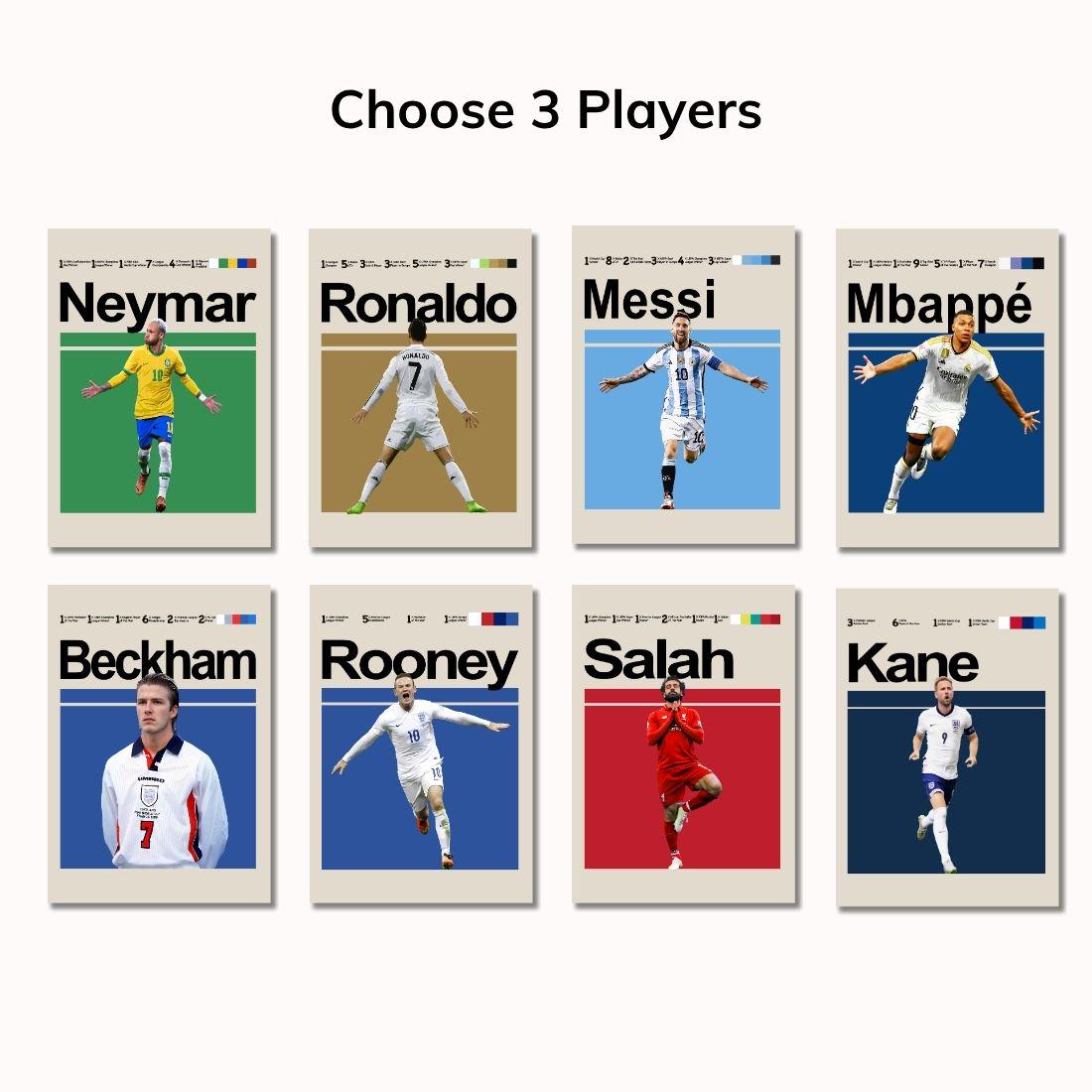 Set of 3 Football Legends Posters – Messi, Ronaldo, Neymar, Mbappé, Kane, Beckham, Rooney – Football Wall Art Gift