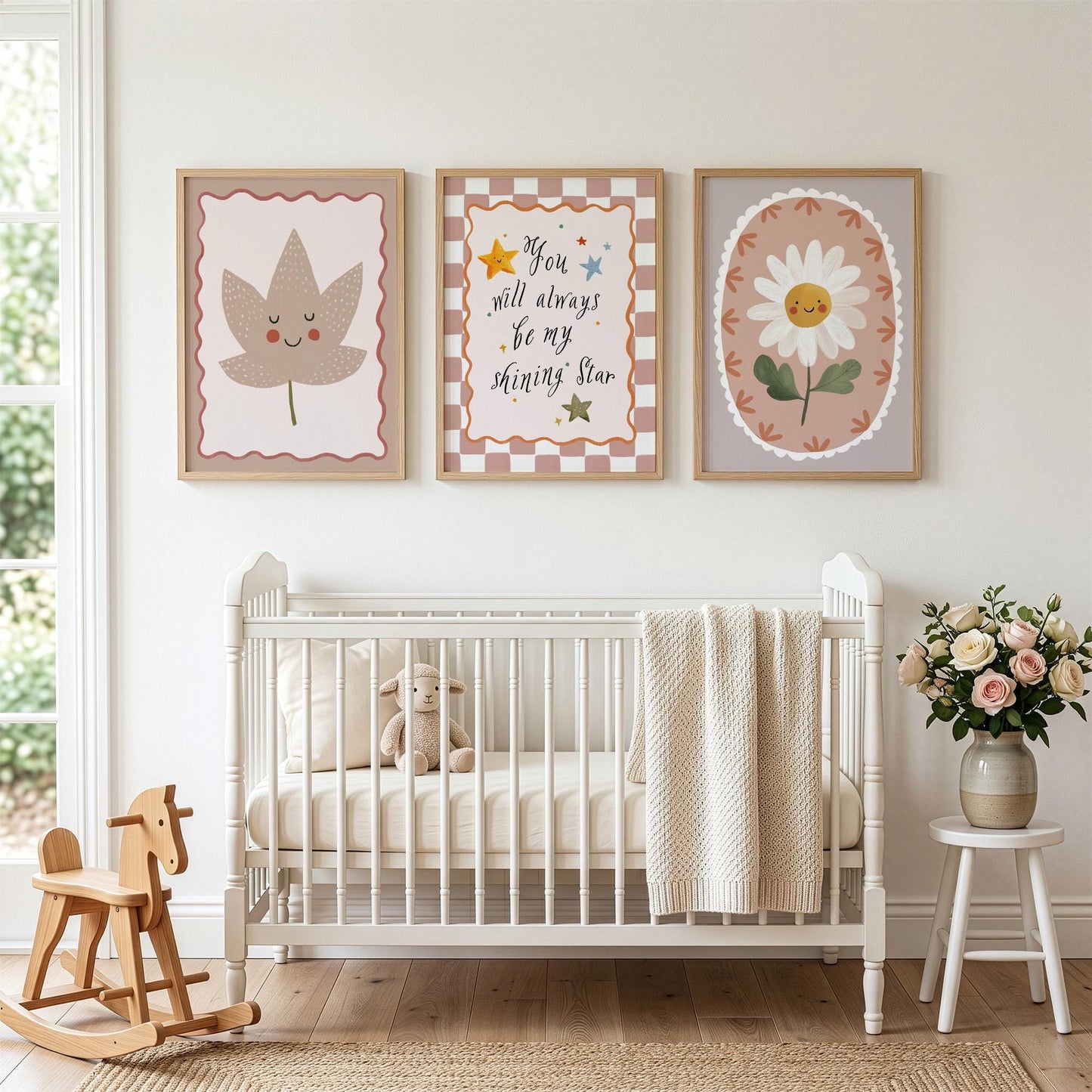 Shining Star Nursery Wall Art Set of 3, Daisy Flower Baby Room Print, Neutral Nursery Decor