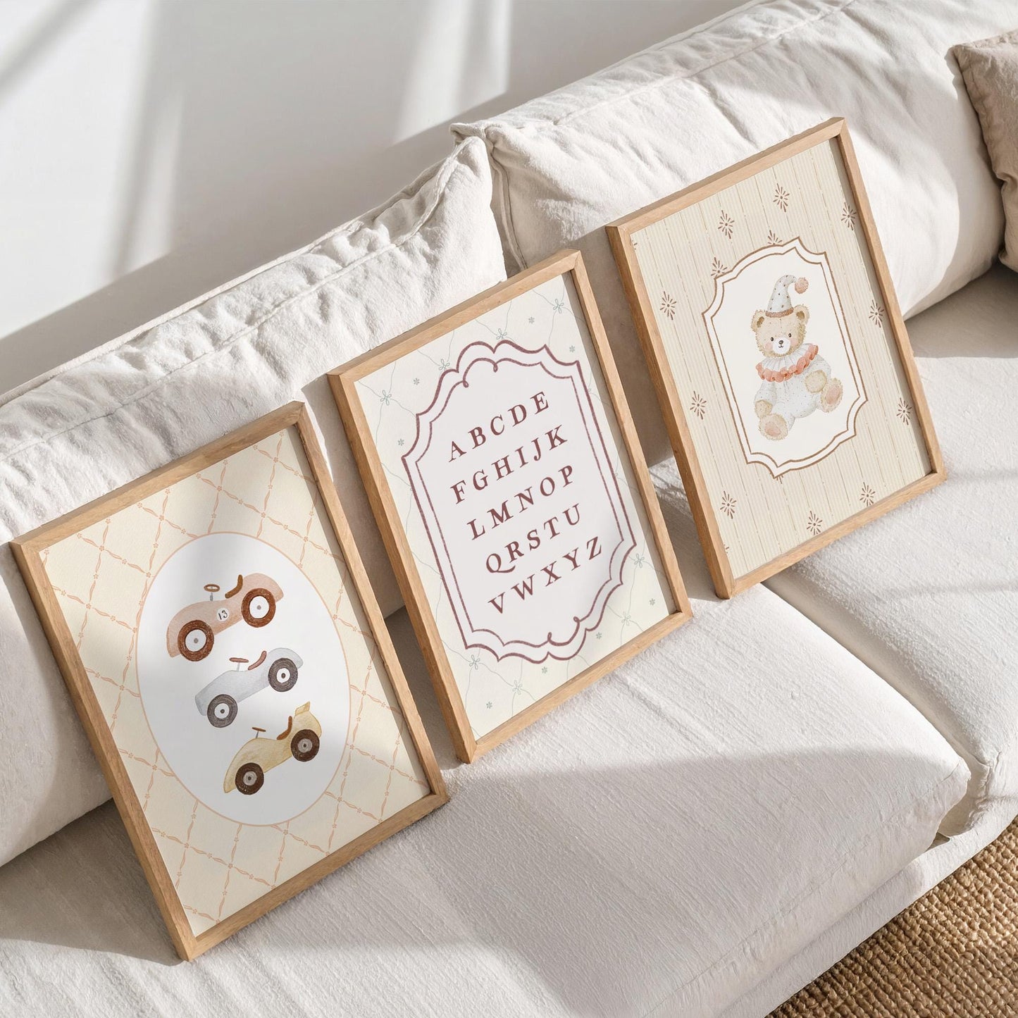 Vintage Alphabet Neutral Nursery Prints Set of 3, Baby Boy's Car Wall Art