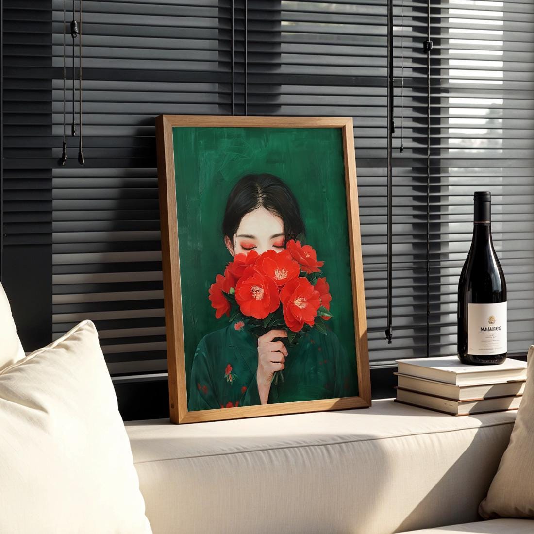 Japanese Red Camellia Flower Portrait Print, Minimalist Botanical Wall Art (Digital Download)