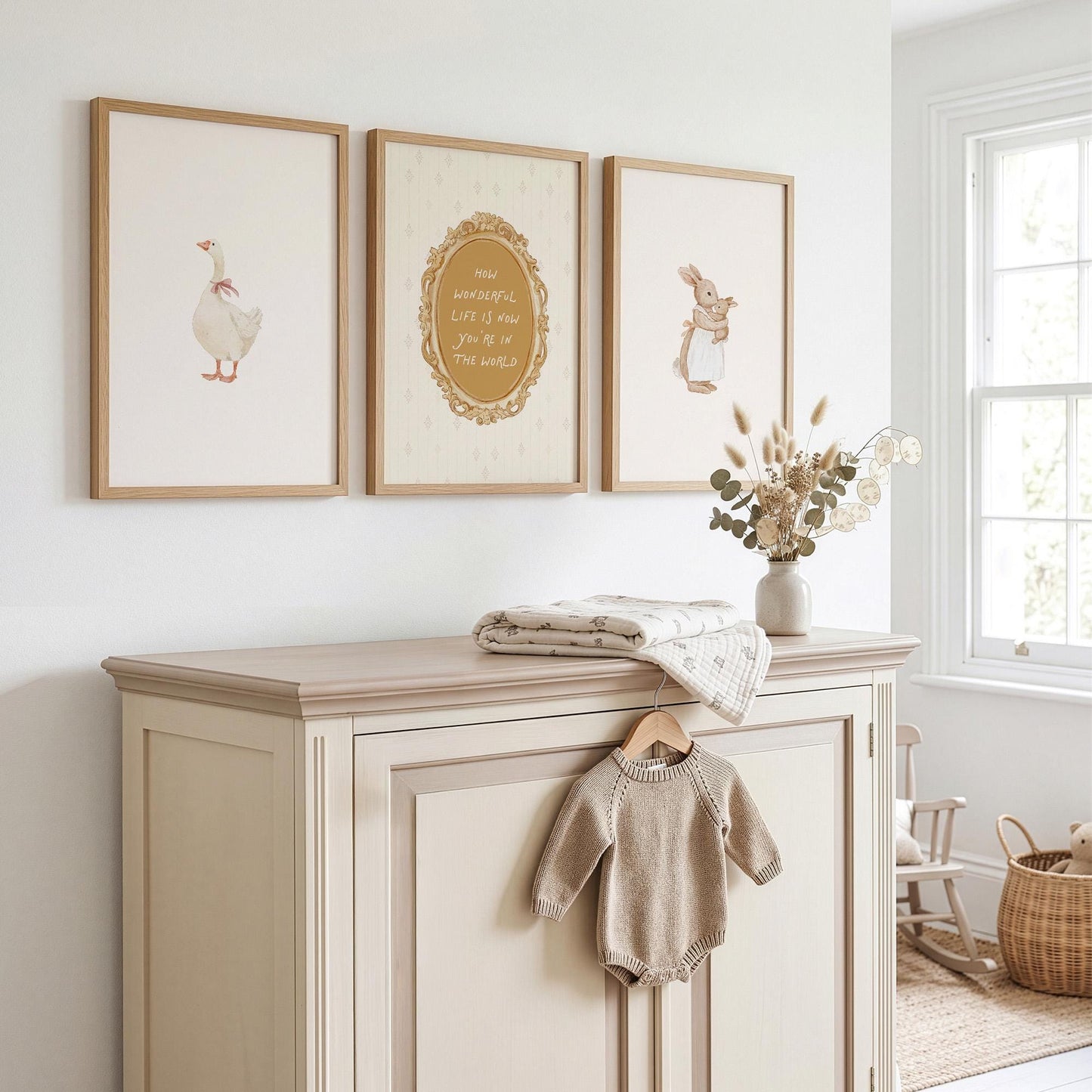 Vintage Nursery Set of 3 Prints, Goose and Bunny Wall Art, Beige Gold Nursery Decor