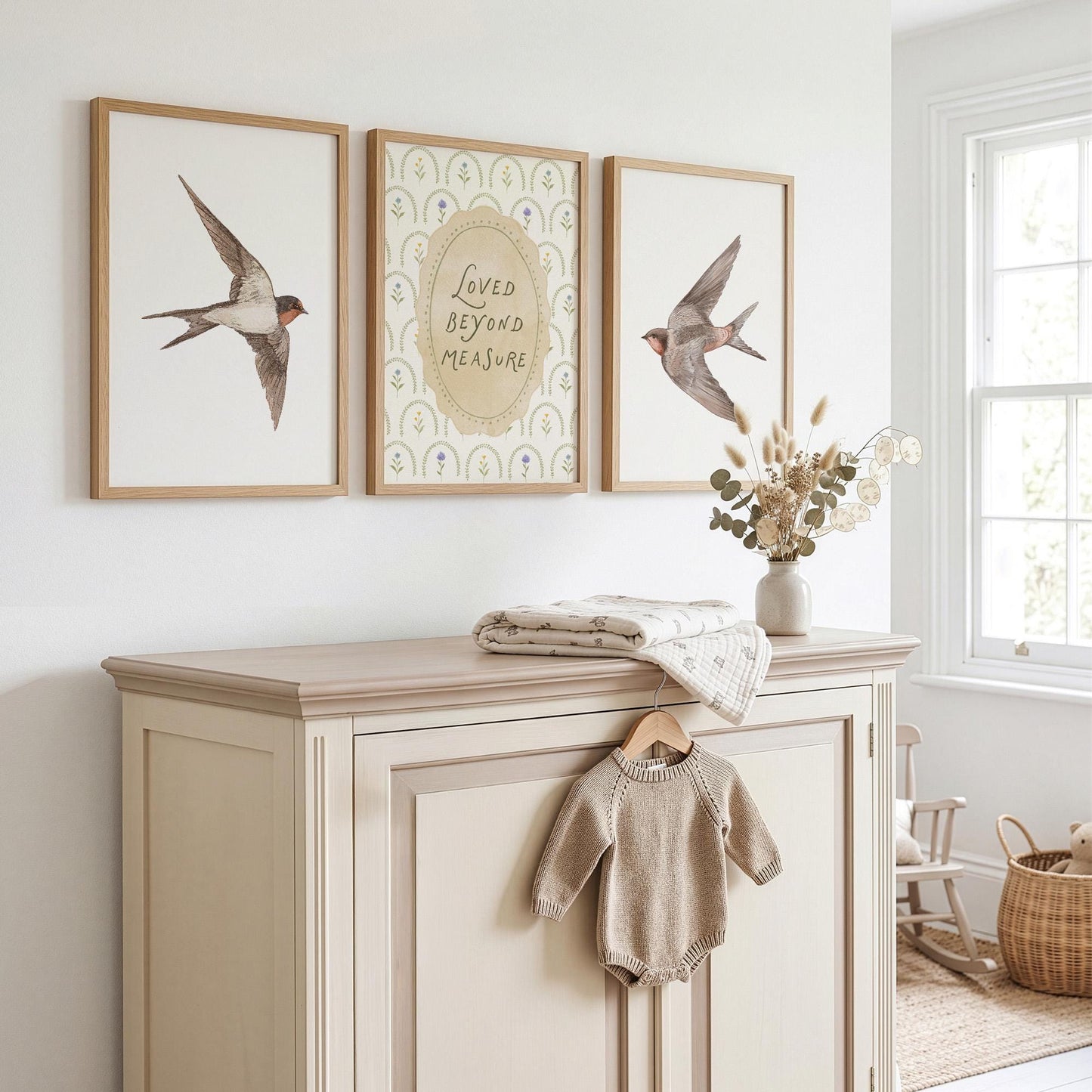 Vintage Bird Nursery Prints, Set of 3, Swallow Loved Beyond Measure Nursery Quote Wall Art