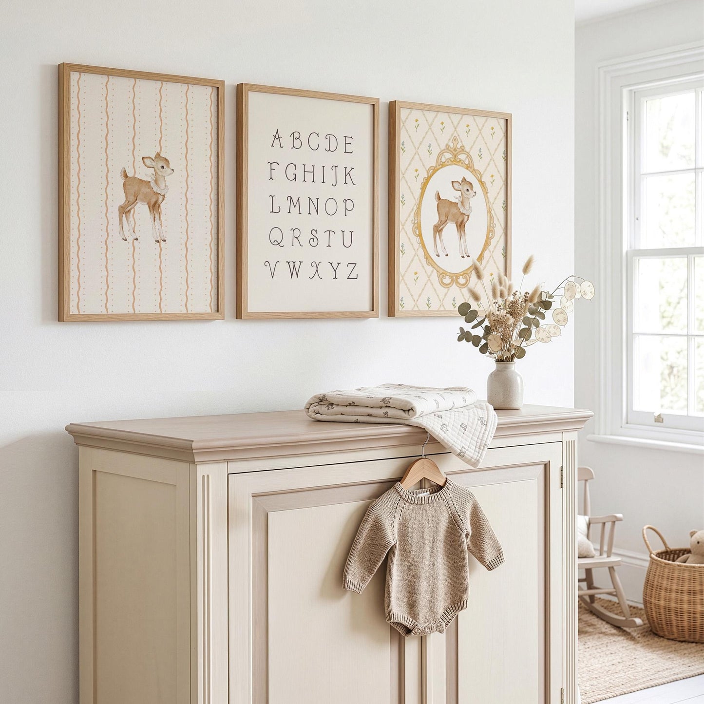 Deer Nursery Wall Art Set of 3 Prints, Vintage Fawn Prints Alphabet ABC Poster, Neutral Baby Room Decor