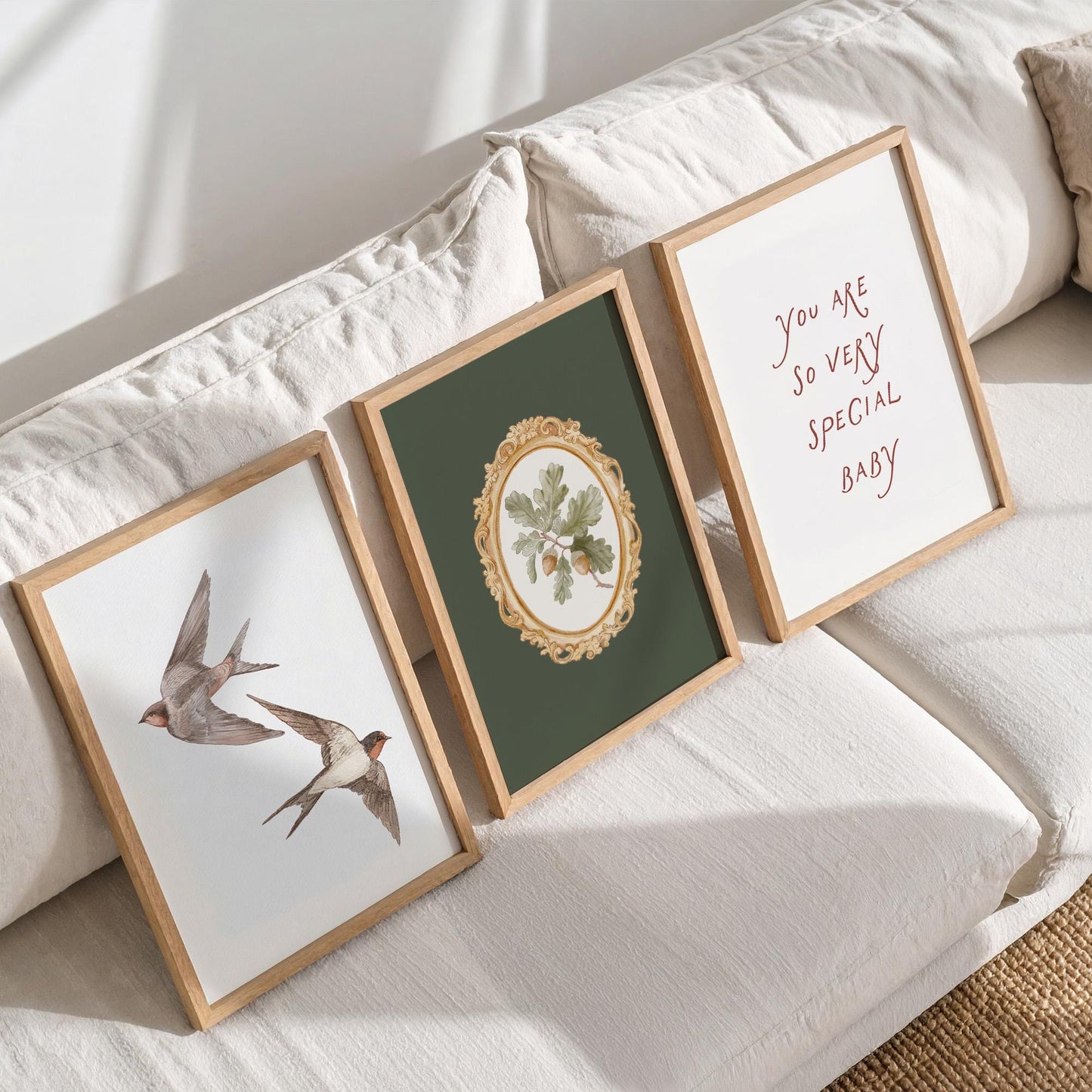 Olive Green Botanical Nursery Prints - Set of 3 - Vintage Swallow Bird Nursery Wall Art