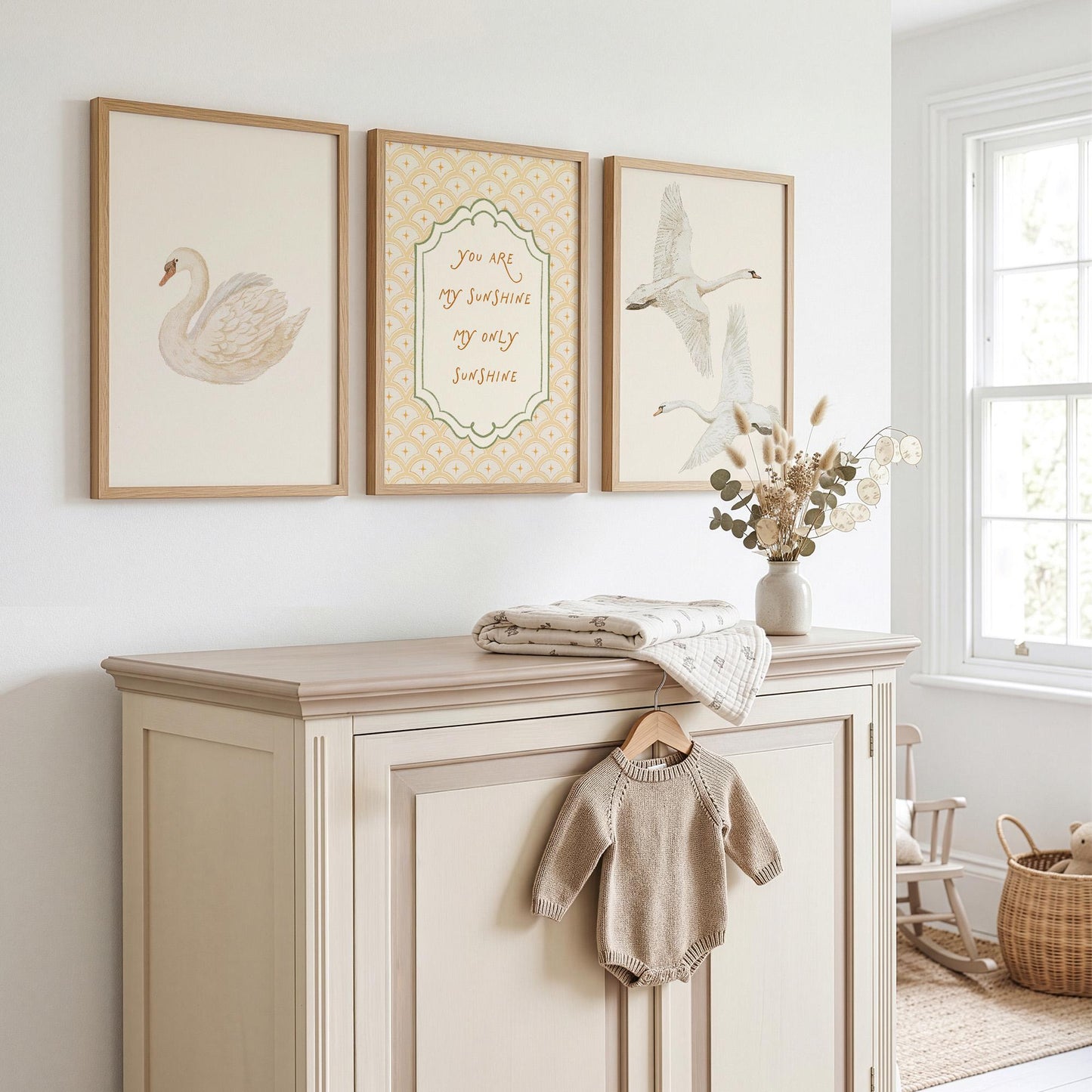 Swan Nursery Wall Art Set of 3 Prints, Vintage Yellow You Are My Sunshine Baby Room Quote