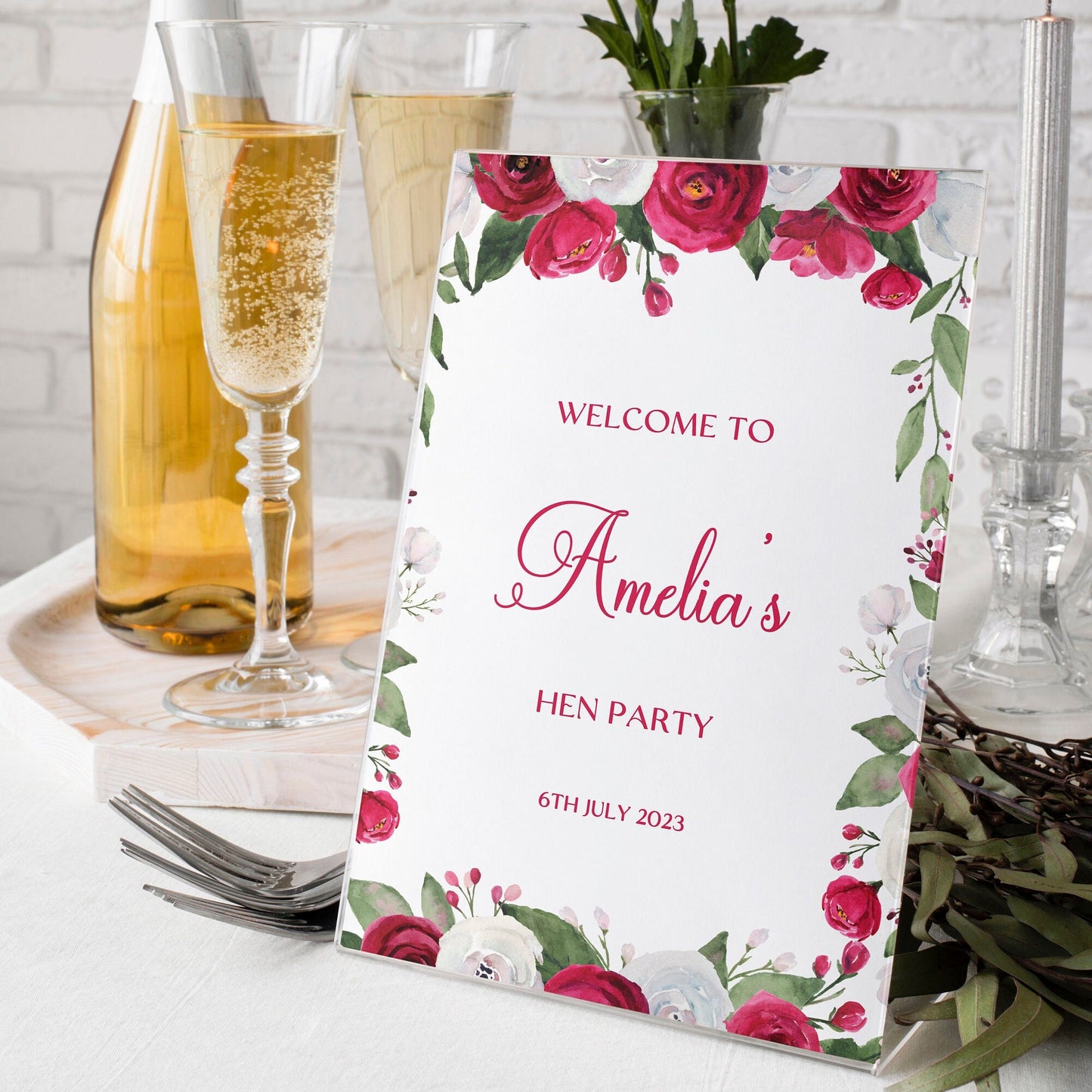 Red Floral Hen Party Selfie Frame and Party Sign