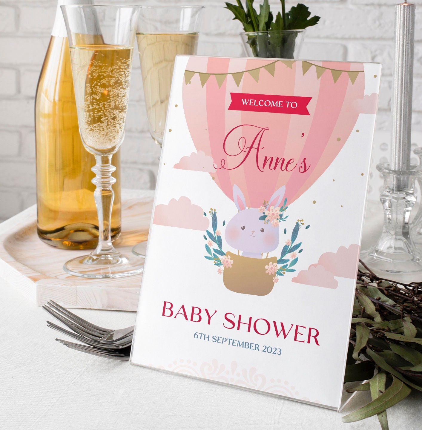 Pink Hot Air Balloon with Rabbit Baby Shower Sign
