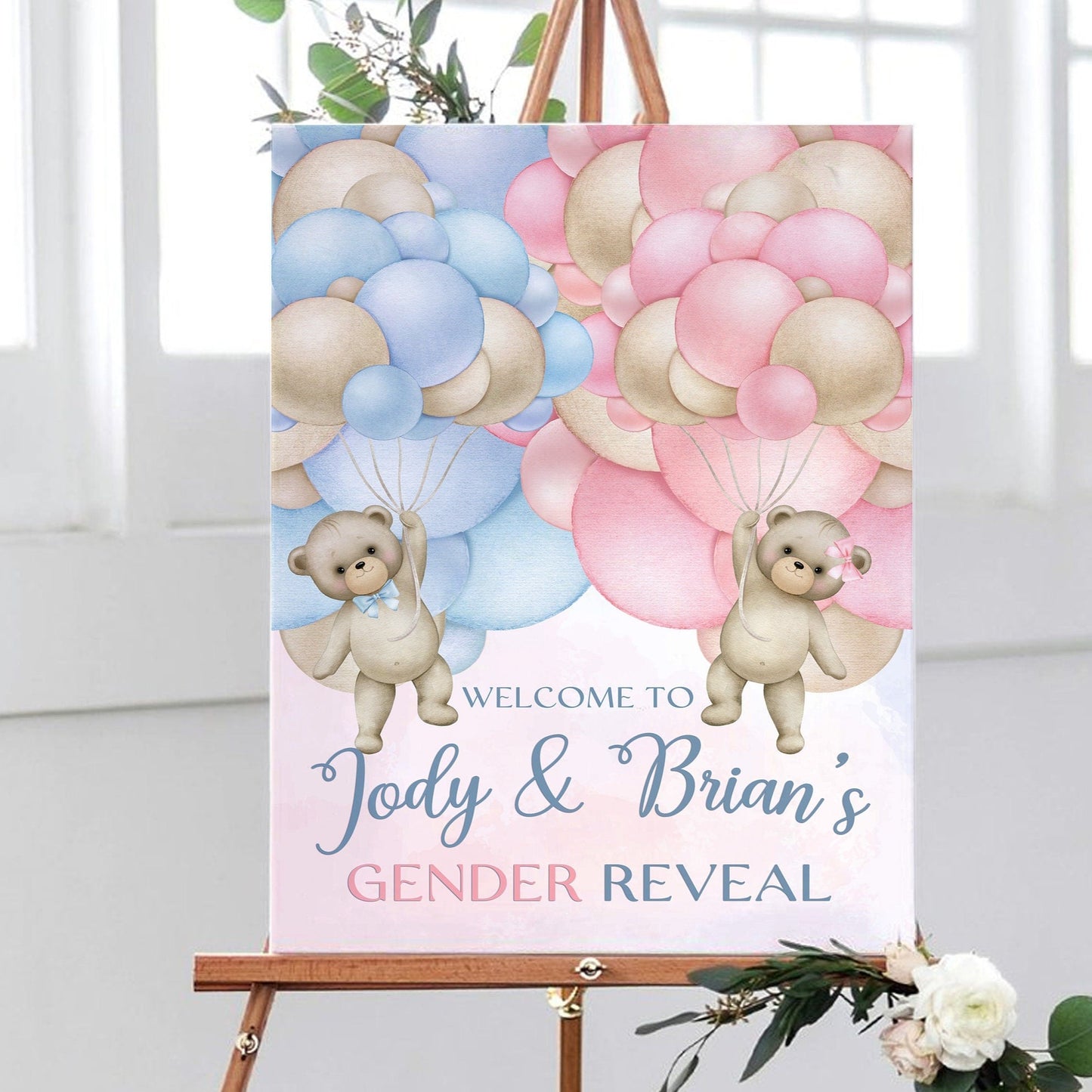 Pink and Blue Balloon Gender Reveal Welcome Party Sign