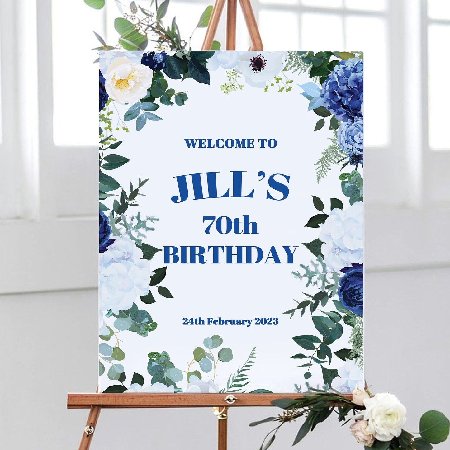 Blue Floral Birthday Party Sign
