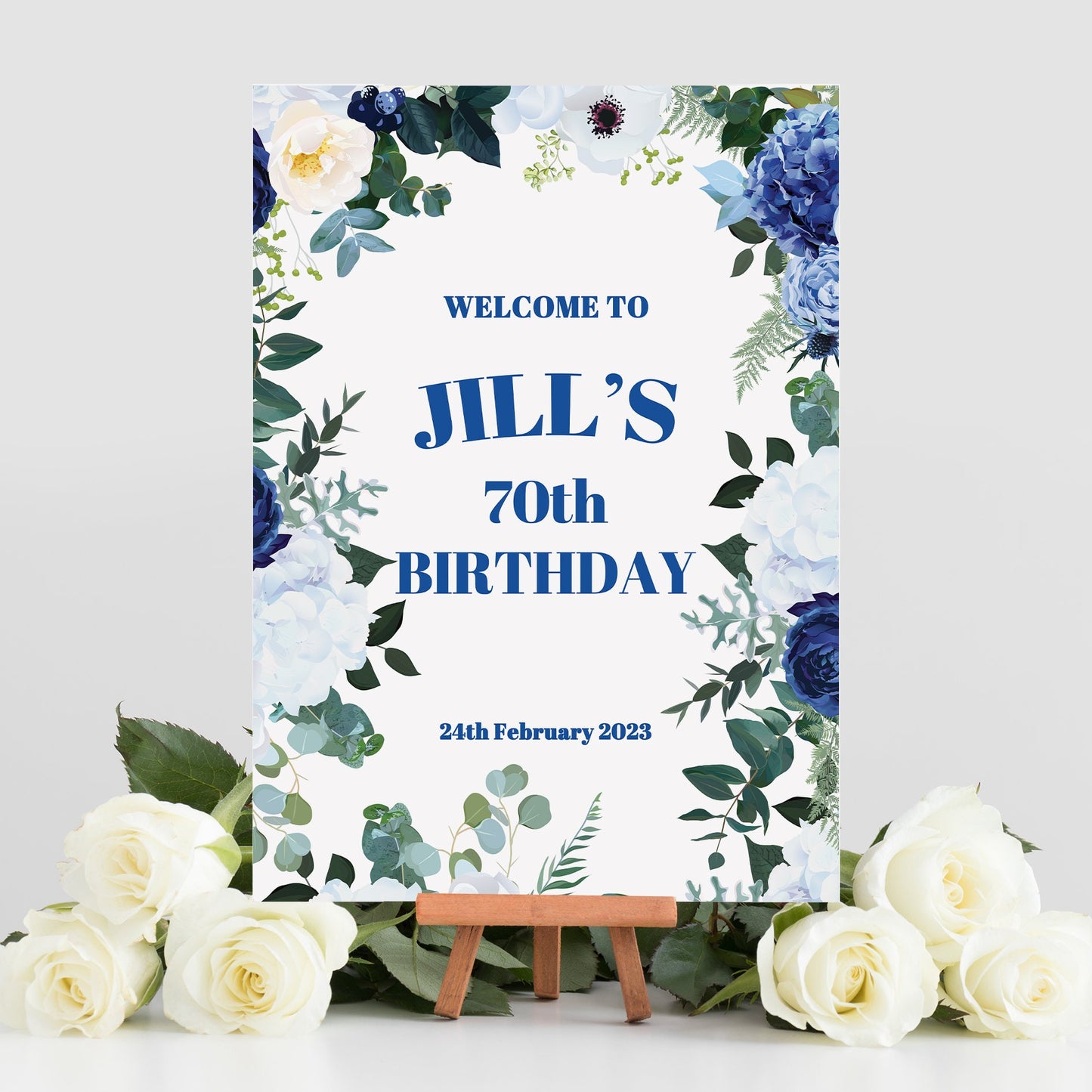 Blue Floral Birthday Party Sign