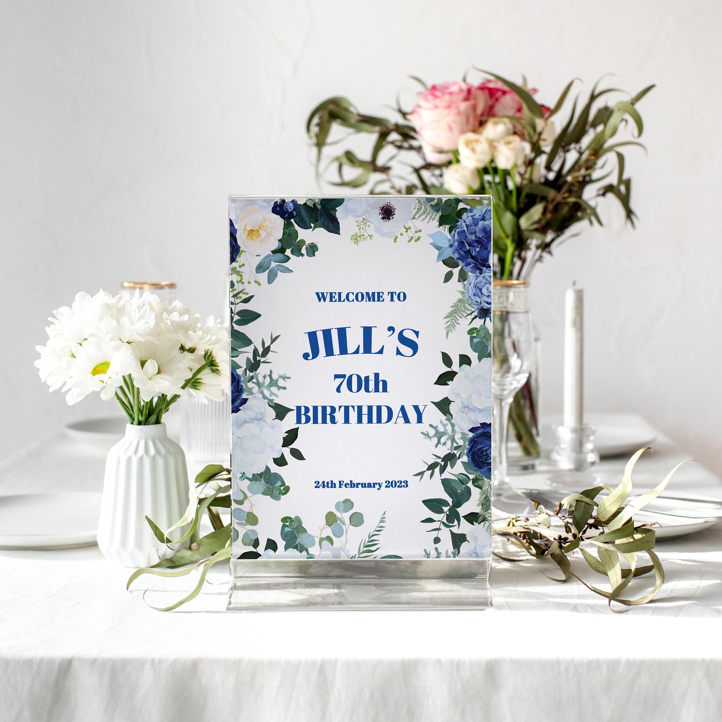 Blue Floral Birthday Party Sign
