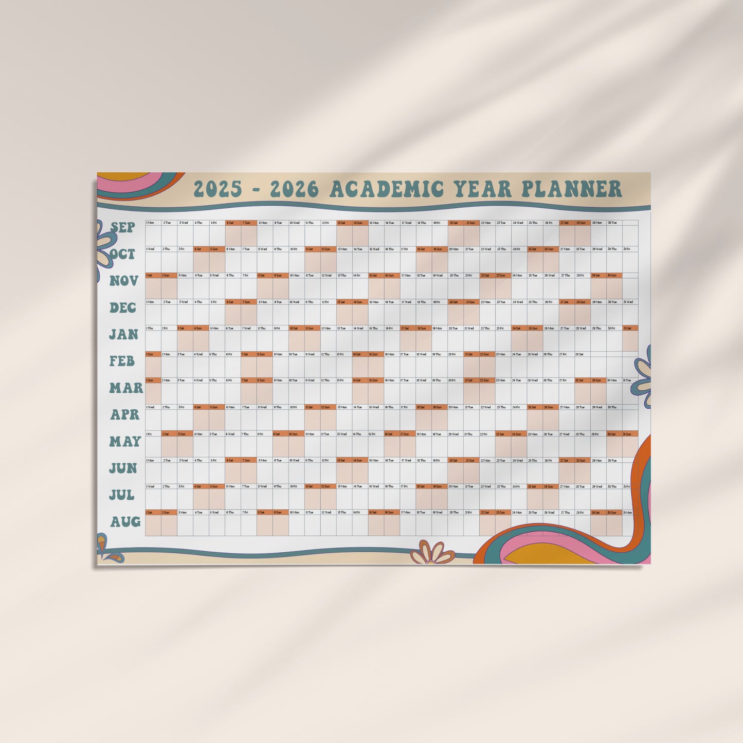 Academic A1 Printed Wall Calendar 2025-2026,  Retro Design