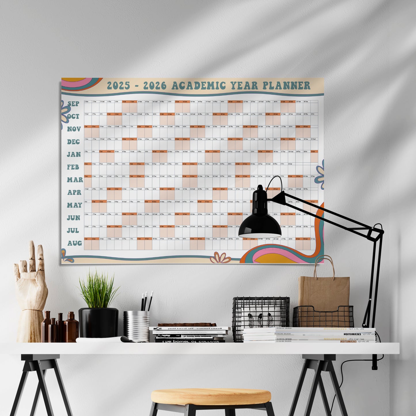 Academic A1 Printed Wall Calendar 2025-2026,  Retro Design