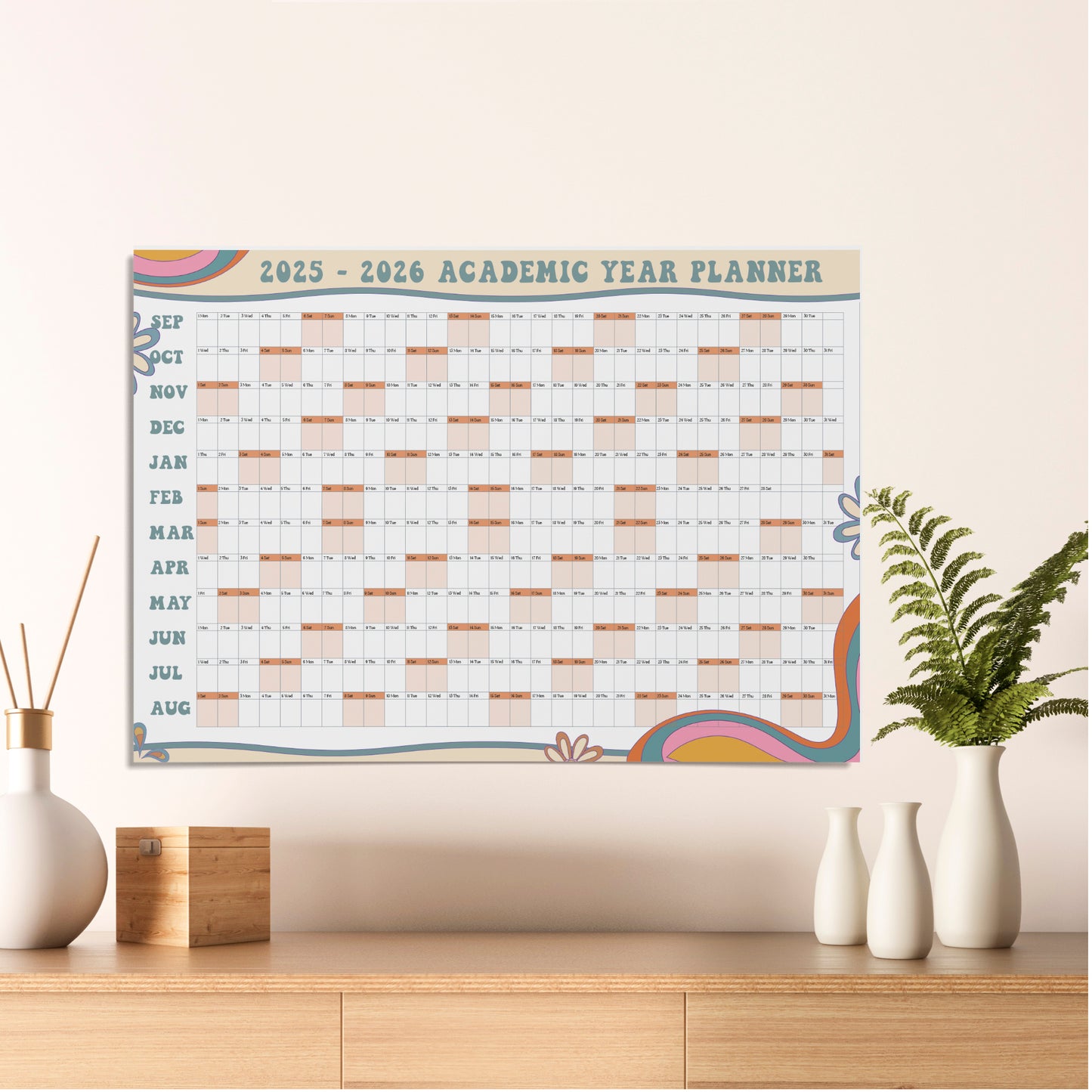 Academic A1 Printed Wall Calendar 2025-2026,  Retro Design