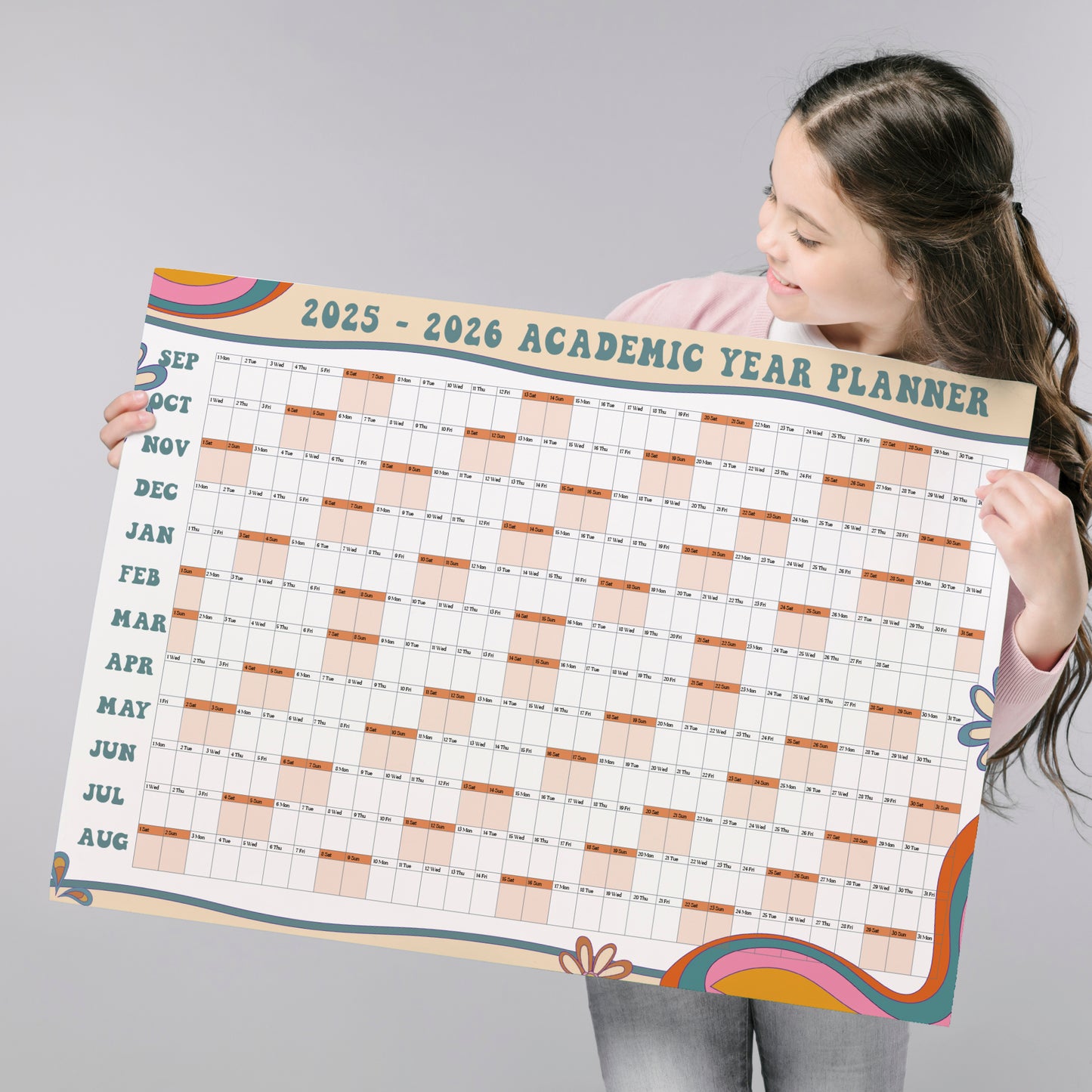 Academic A1 Printed Wall Calendar 2025-2026,  Retro Design