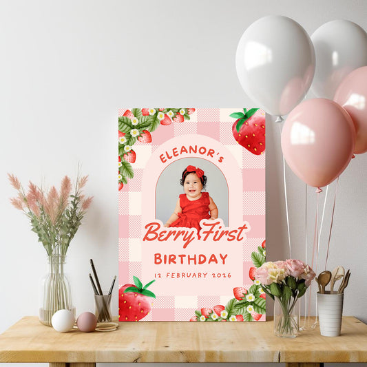 Berry First Birthday - Strawberry Party Sign With Photo