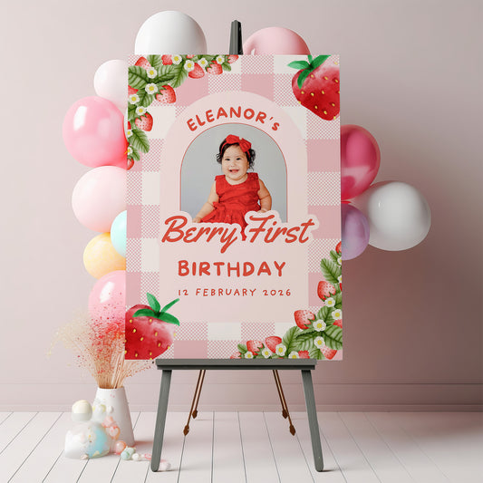 Berry First Birthday - Strawberry Party Sign With Photo