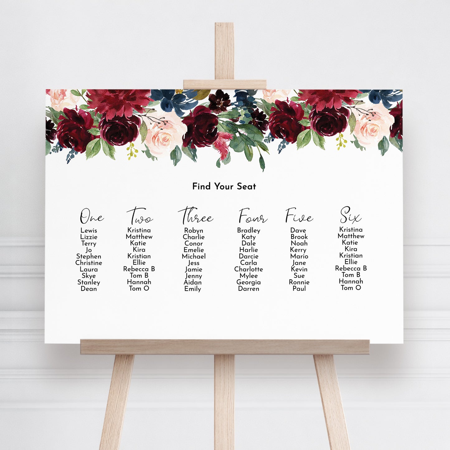 Burgundy & Navy Wedding Seating Plan Sign