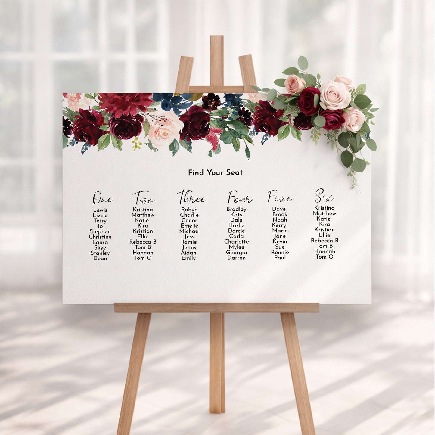 Burgundy & Navy Wedding Seating Plan Sign