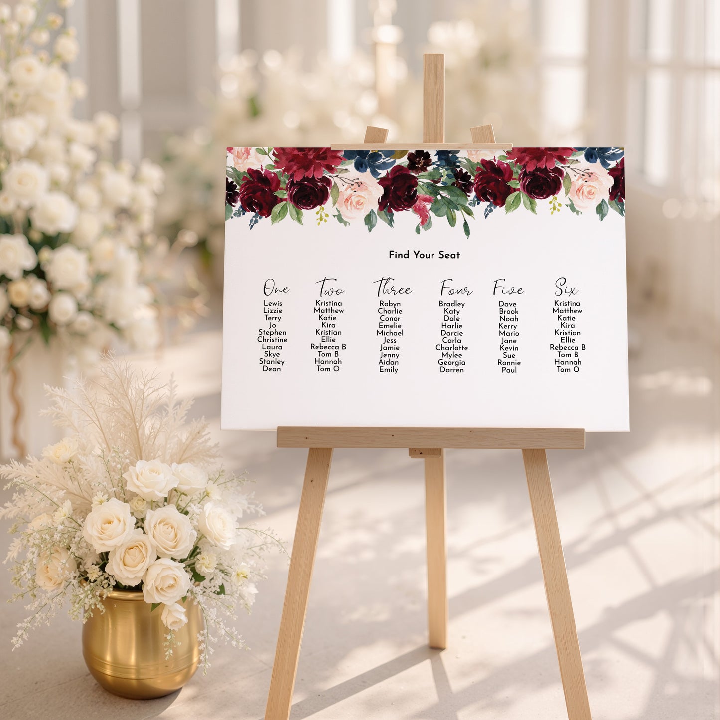 Burgundy & Navy Wedding Seating Plan Sign