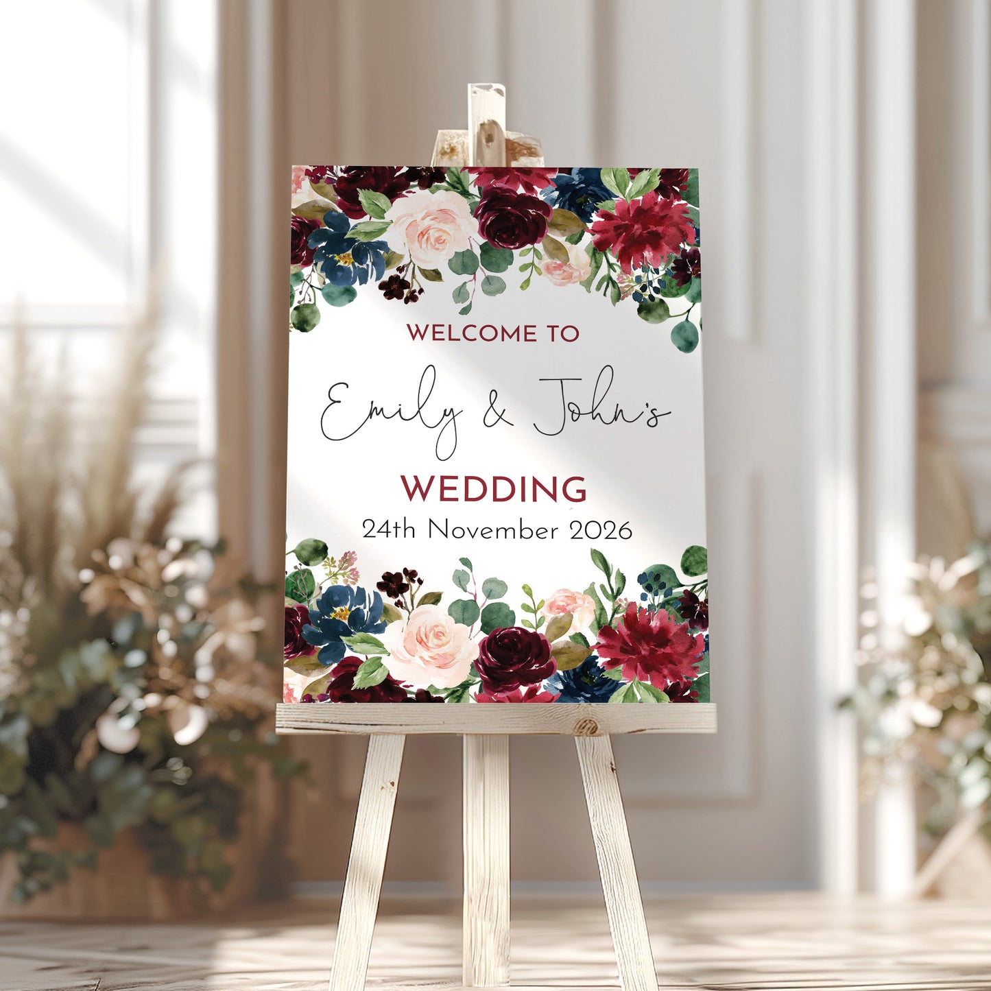 Burgundy & Navy Wedding Welcome Sign