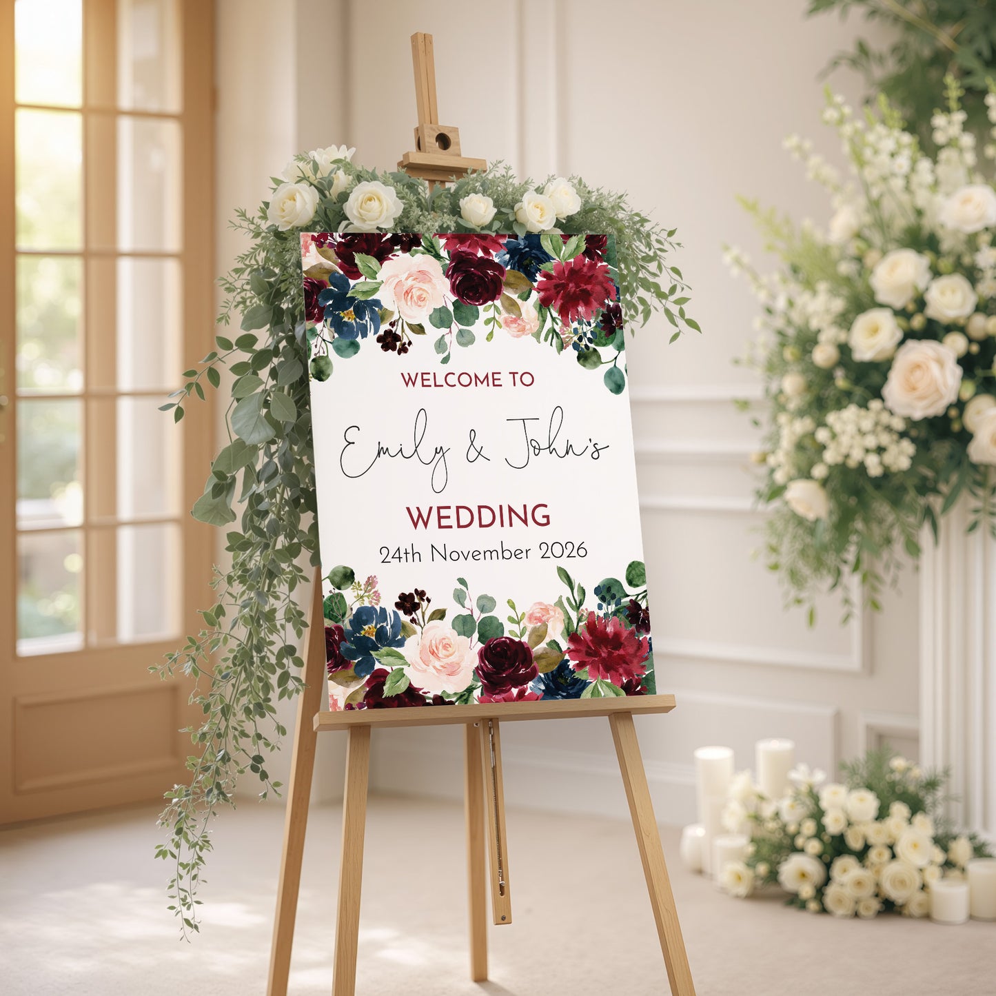 Burgundy & Navy Wedding Welcome Sign