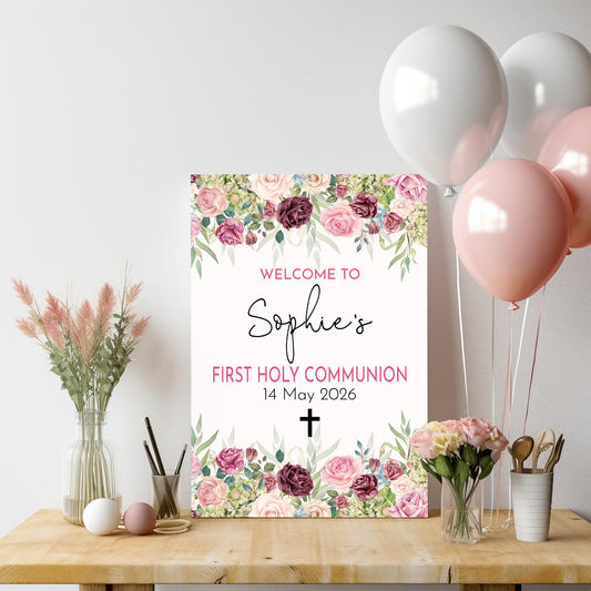 Blush Rose First Holy Communion Welcome Sign