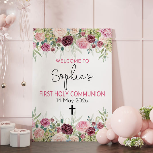 Blush Rose First Holy Communion Welcome Sign