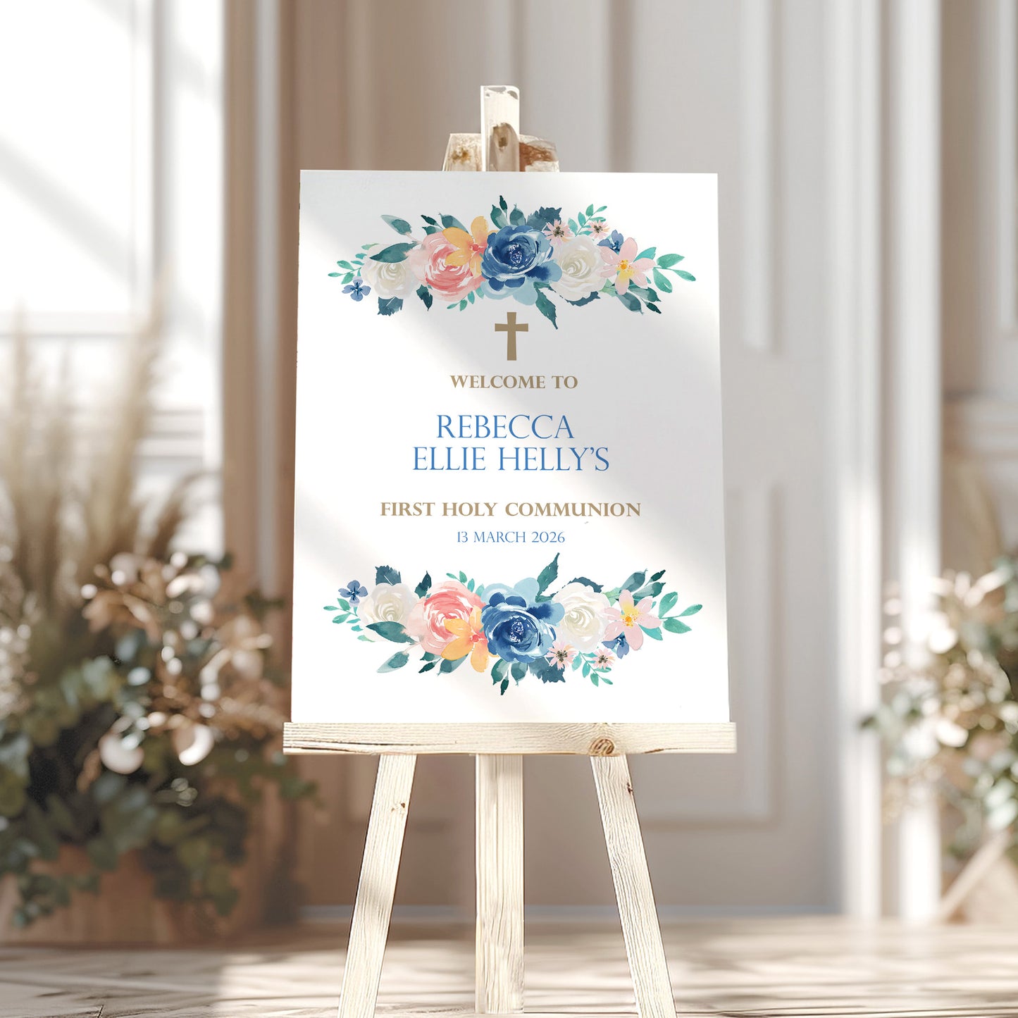 Blue Rose First Holy Communion Welcome Sign