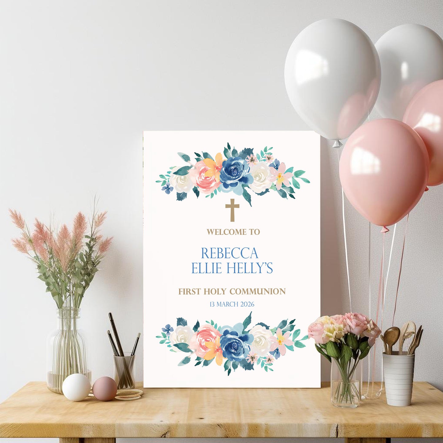 Blue Rose First Holy Communion Welcome Sign