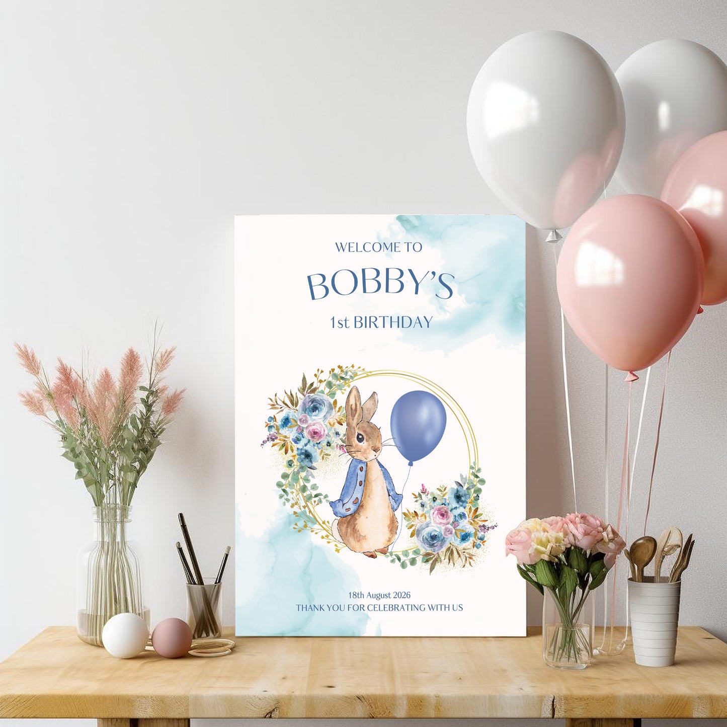 Blue Peter Rabbit Christening, Baptism or 1st Birthday Welcome Sign