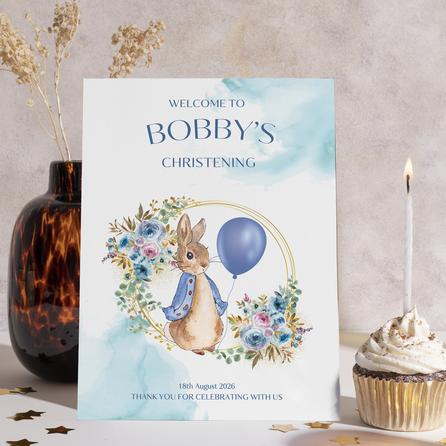 Blue Peter Rabbit Christening, Baptism or 1st Birthday Welcome Sign