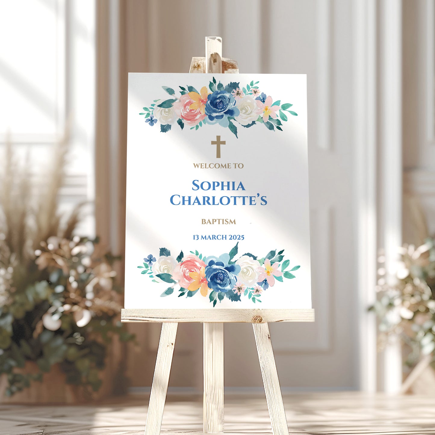 Blue Rose First Holy Communion Welcome Sign or Christening, Baptism