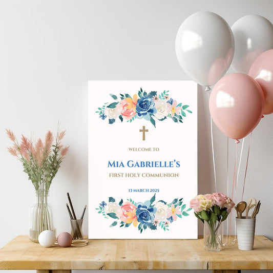 Blue Rose First Holy Communion Welcome Sign or Christening, Baptism